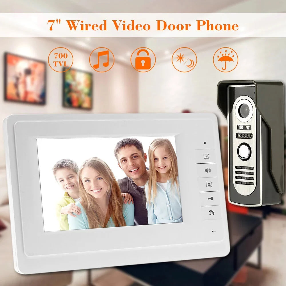 7” Wired Video Door Phone System Visual Doorbell with Indoor Monitor and Outdoor Camera support Unlock Infrared Night View Rainproof for Home
