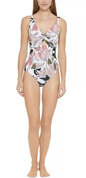 DKNY WHITE MULTI Twist-Front Cutout One-Piece Swimsuit, US 10