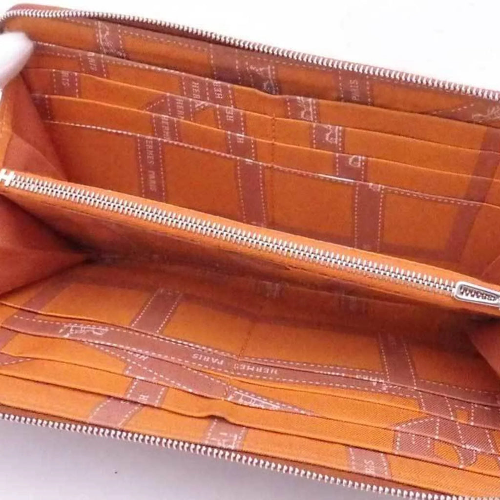 Pre-Owned Hermes HERMES Round Zipper Long Wallet Azap Silk In Leather Brown x Orange Silver Women's (Good)
