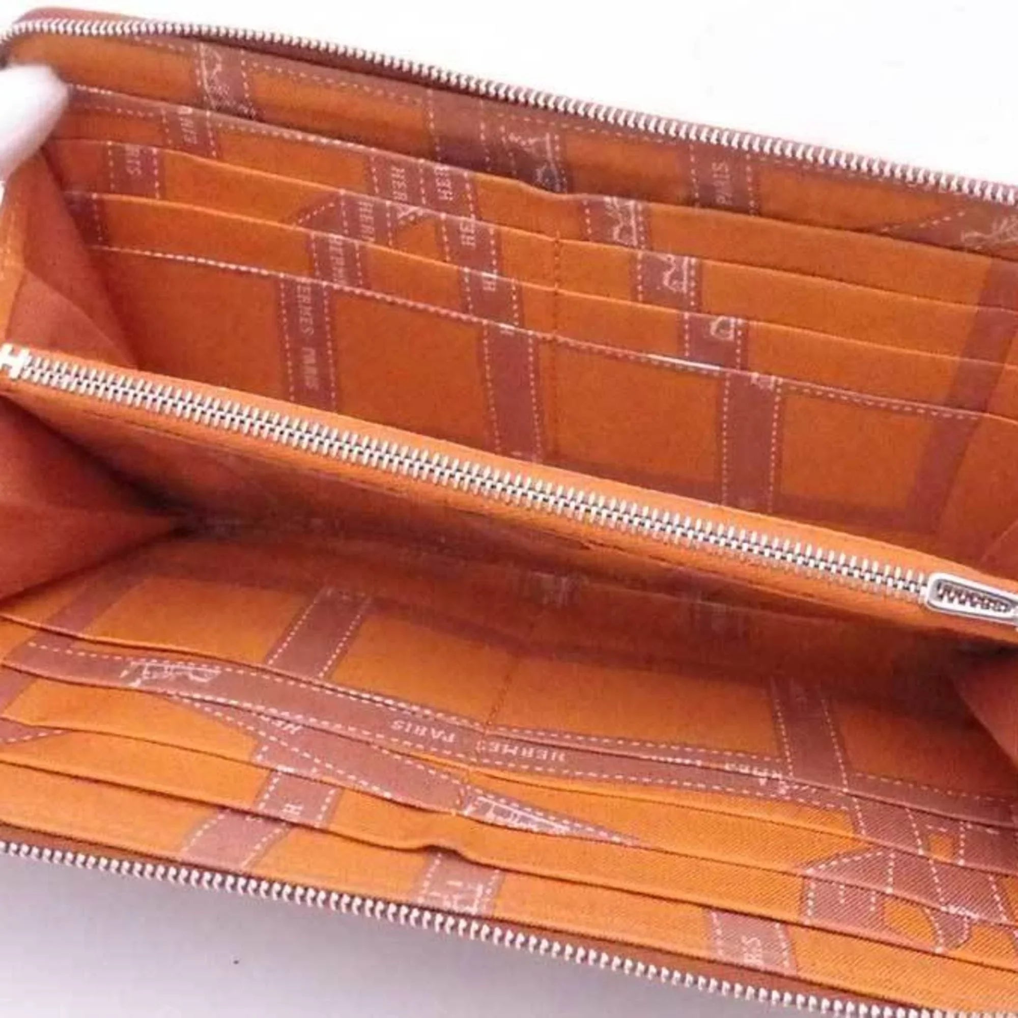 Pre-Owned Hermes HERMES Round Zipper Long Wallet Azap Silk In Leather Brown x Orange Silver Women's (Good)