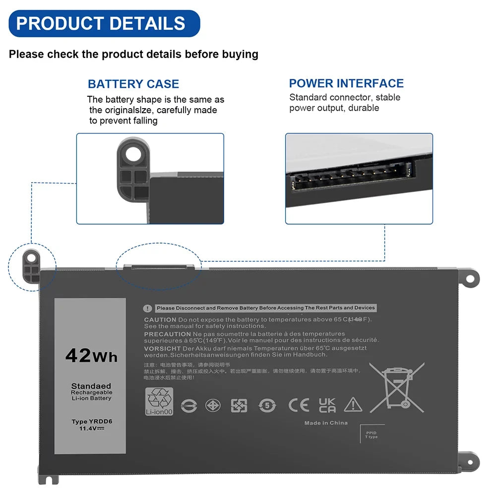 For Dell Inspiron 14 5481 5482 5485 5491 2-in-1 3-Cell 42Wh Laptop Battery YRDD6