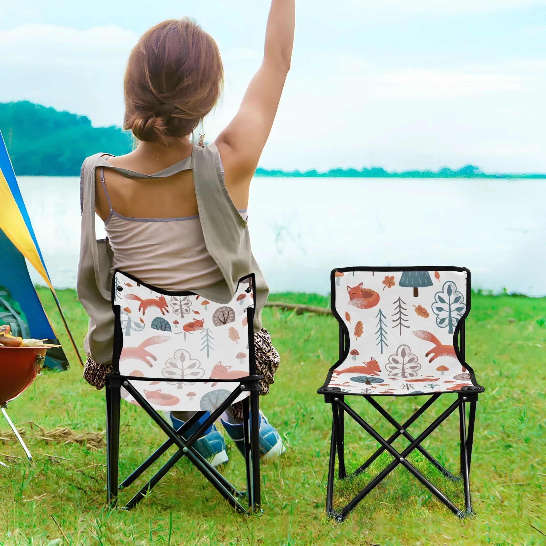 Fox in Forest Portable Camping Chair Outdoor Folding Beach Chair Fishing Chair Lawn Chair with Carry Bag Support to 220LBS
