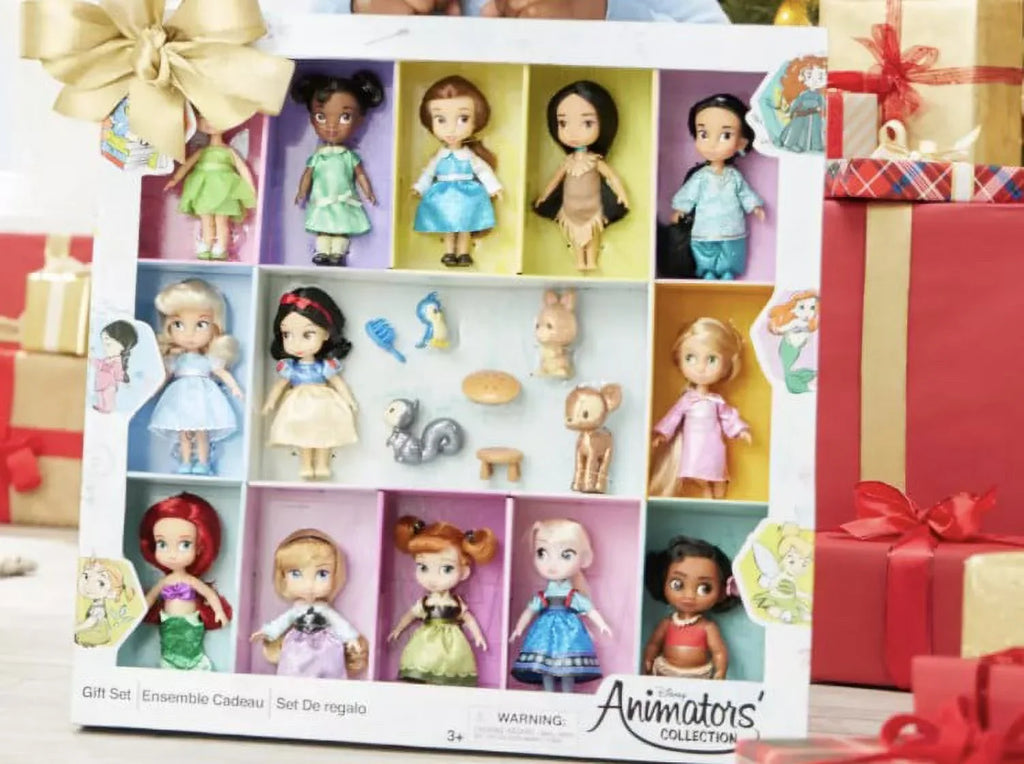 Disney Animators' Collection Mini Doll Gift Set 5'' NEW 2021 EDITION With Tinker Bell, Tiana, Belle, Pocahontas, Jasmine, Cinderella, Snow White, Rapunzel, Ariel, Aurora, Anna, Elsa, and Moana