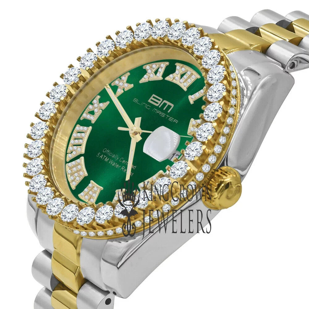 Mens Roman Numbers Face Green Dial Full Stainless Steel 18k 2 Tone Gold Diamond Watch 42mm