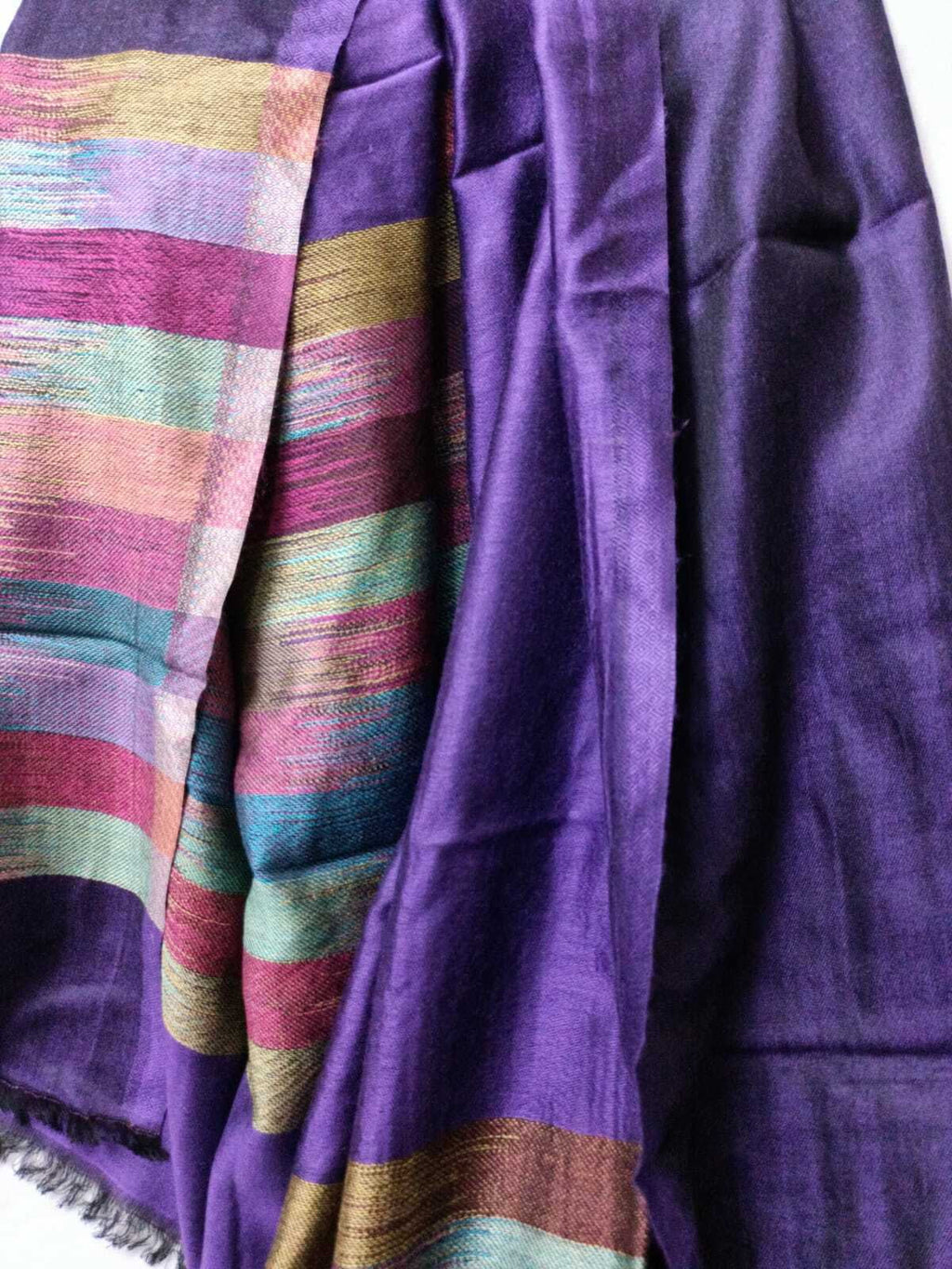 Silk Pashmina Shawl Pure Pashmina Soft Stripes Border- Violet Colour