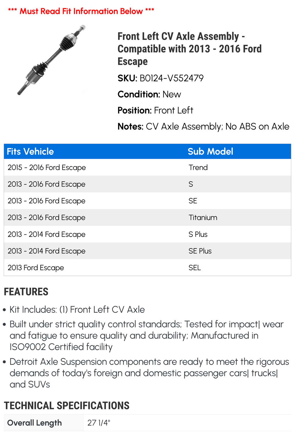 Front Left CV Axle Assembly - Suitable with 2013 - 2016 Ford Escape 2014 2015