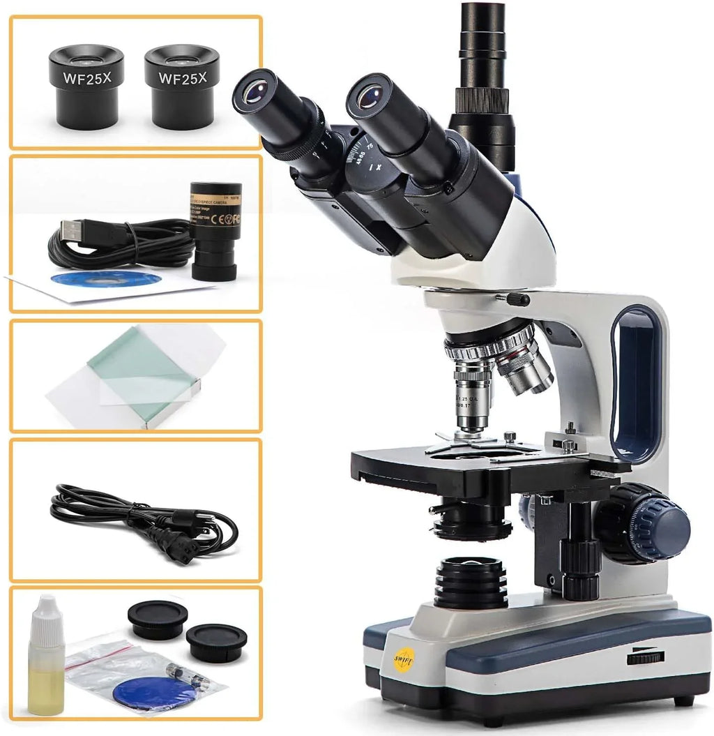 SWIFT Trinocular Compound Microscope SW350T, Magnification,Siedentopf Head,Research-Grade,Two-Layer Mechanical Stage,1.3mp Camera and Software Windows and Mac Matching