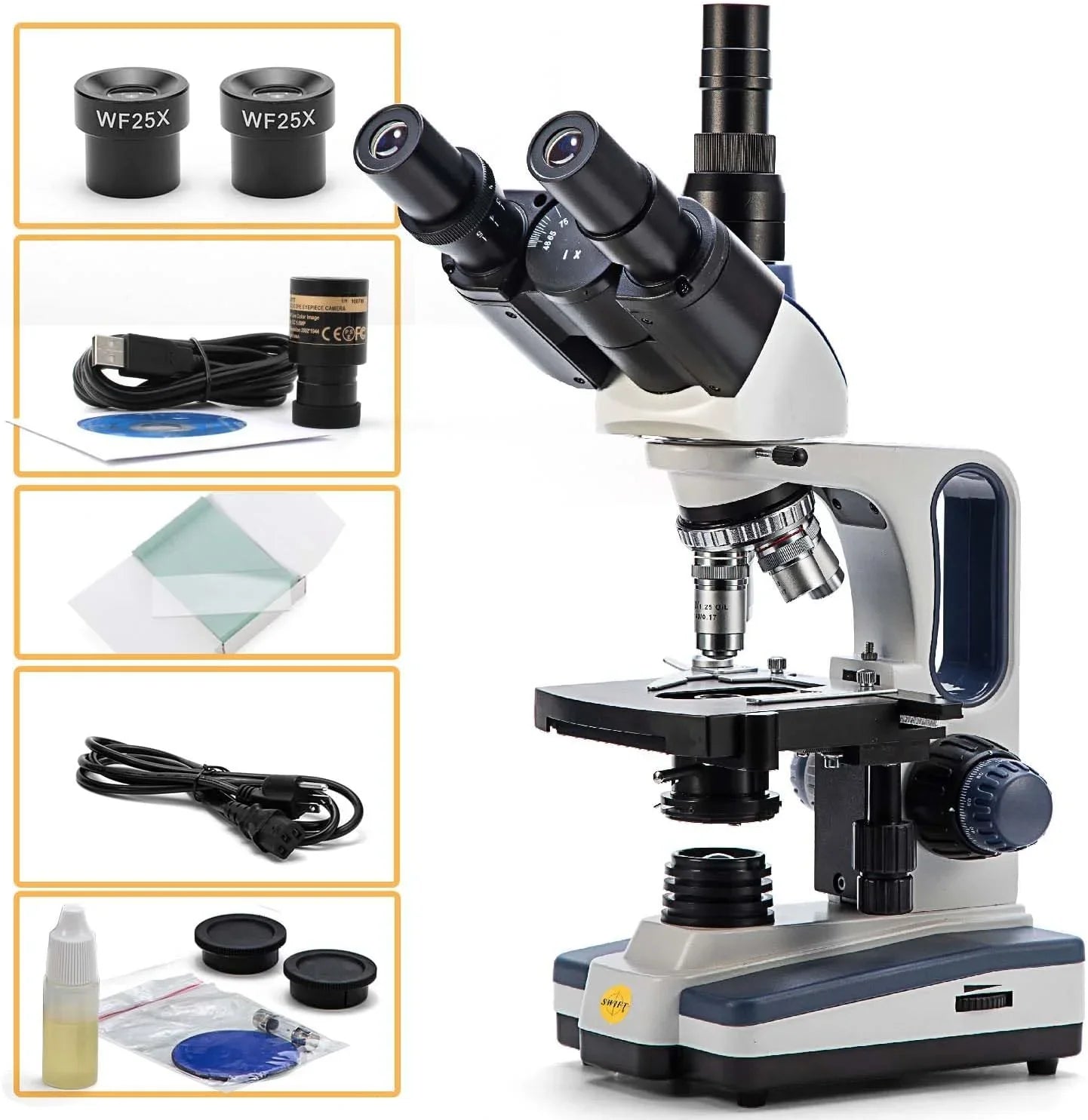 SWIFT Trinocular Compound Microscope SW350T, Magnification,Siedentopf Head,Research-Grade,Two-Layer Mechanical Stage,1.3mp Camera and Software Windows and Mac Matching