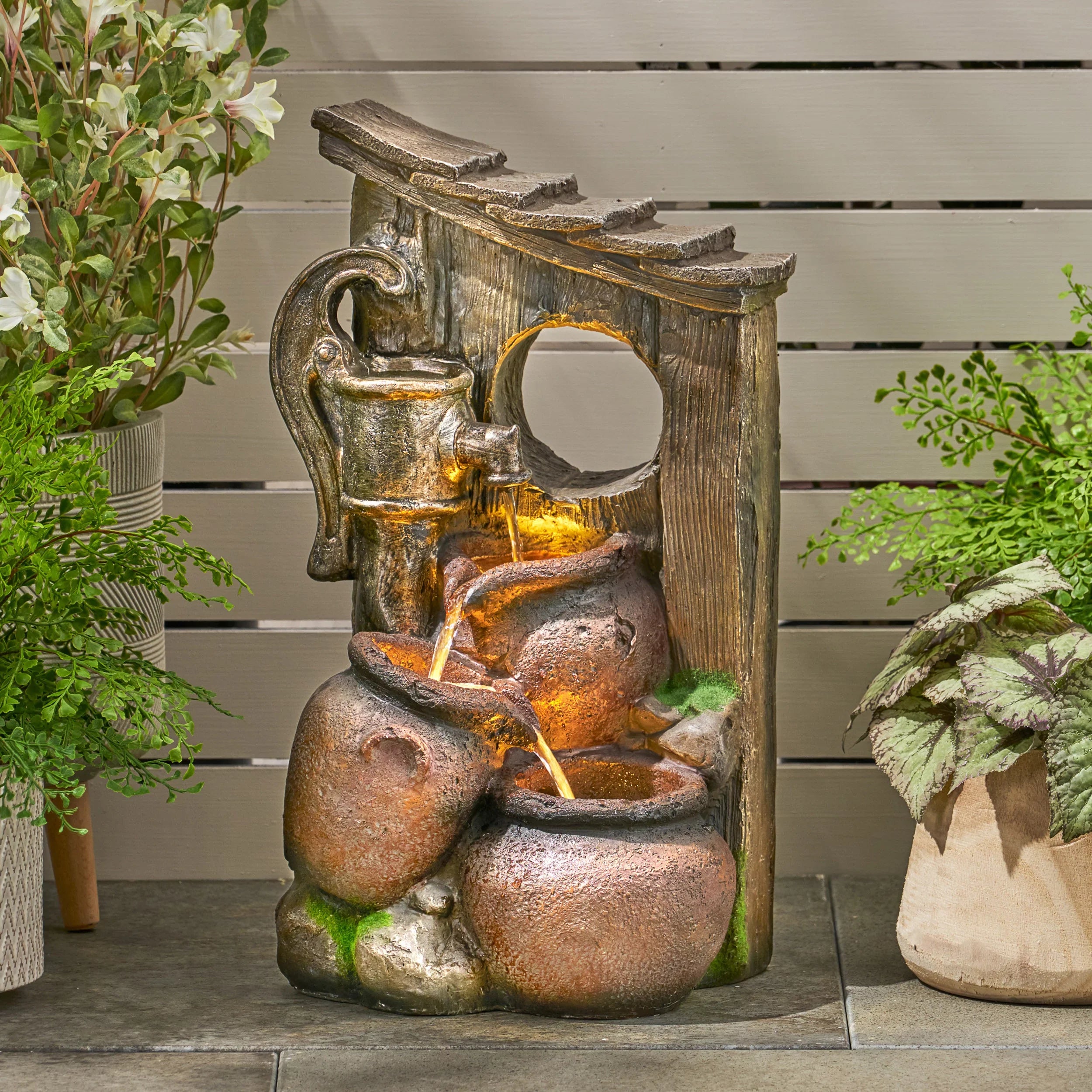 Haralson Outdoor 3 Tier Jar Fountain, Brown and Gray