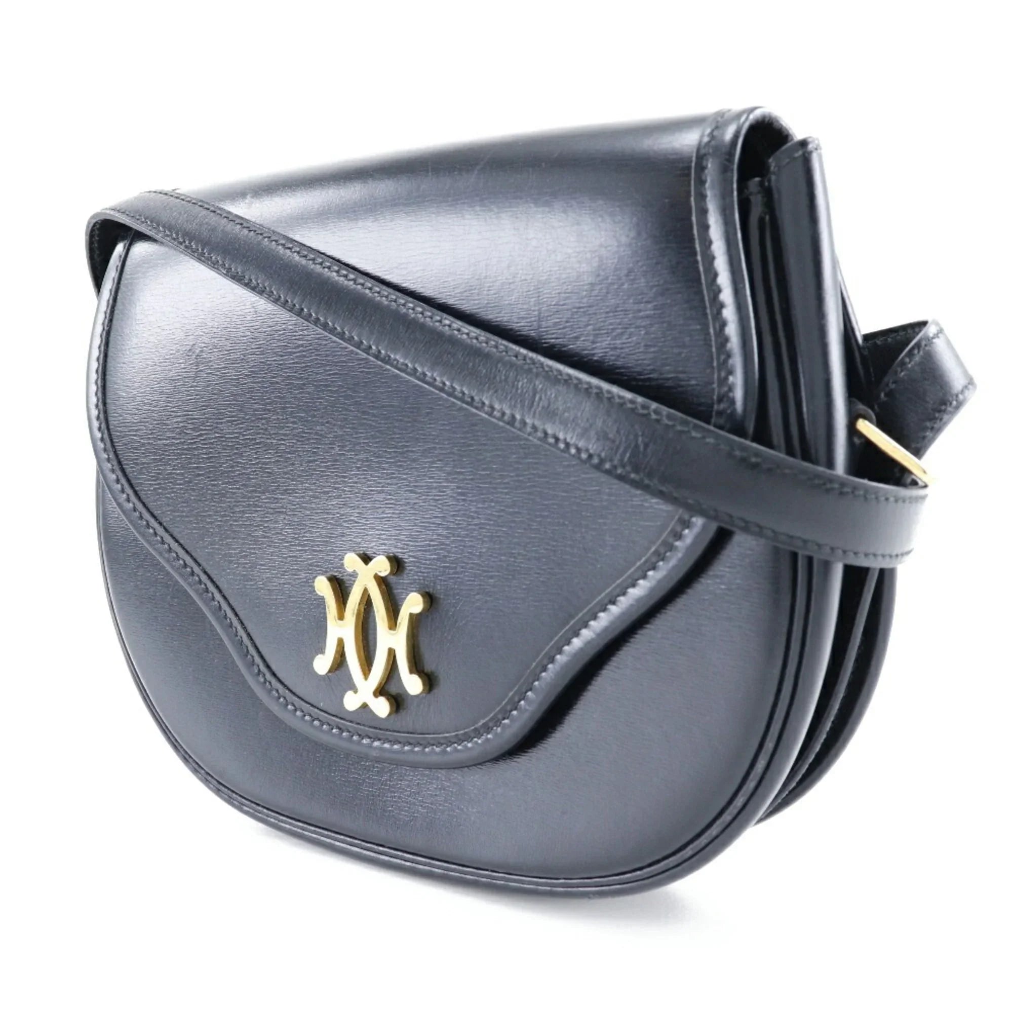 Pre-Owned Hermes HERMES Double H Shoulder Bag Vintage Calf Made in France 1983 Black/Gold Hardware 〇M Crossbody Snap Button Ladies (Fair)