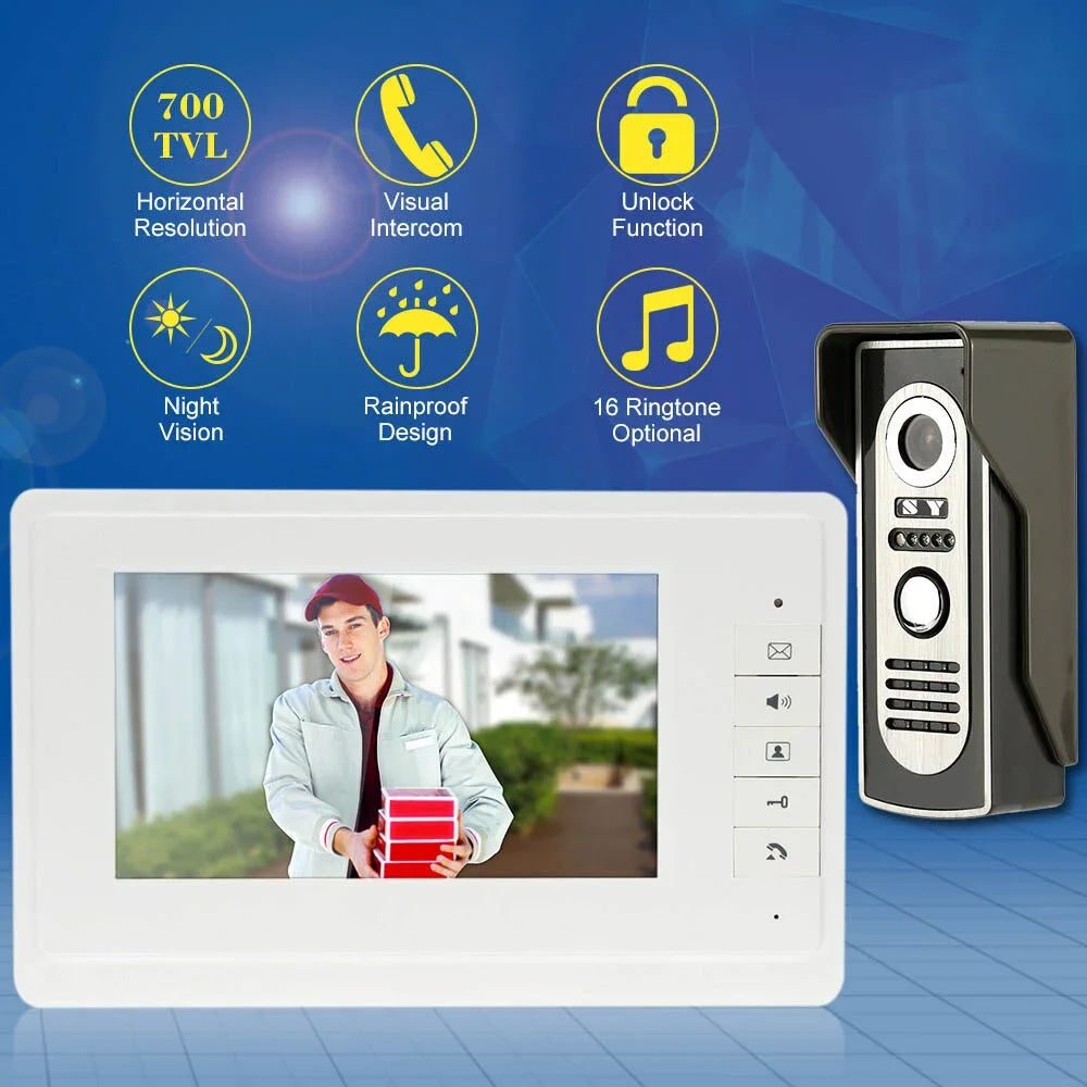 7” Wired Video Door Phone System Visual Doorbell with Indoor Monitor and Outdoor Camera support Unlock Infrared Night View Rainproof for Home