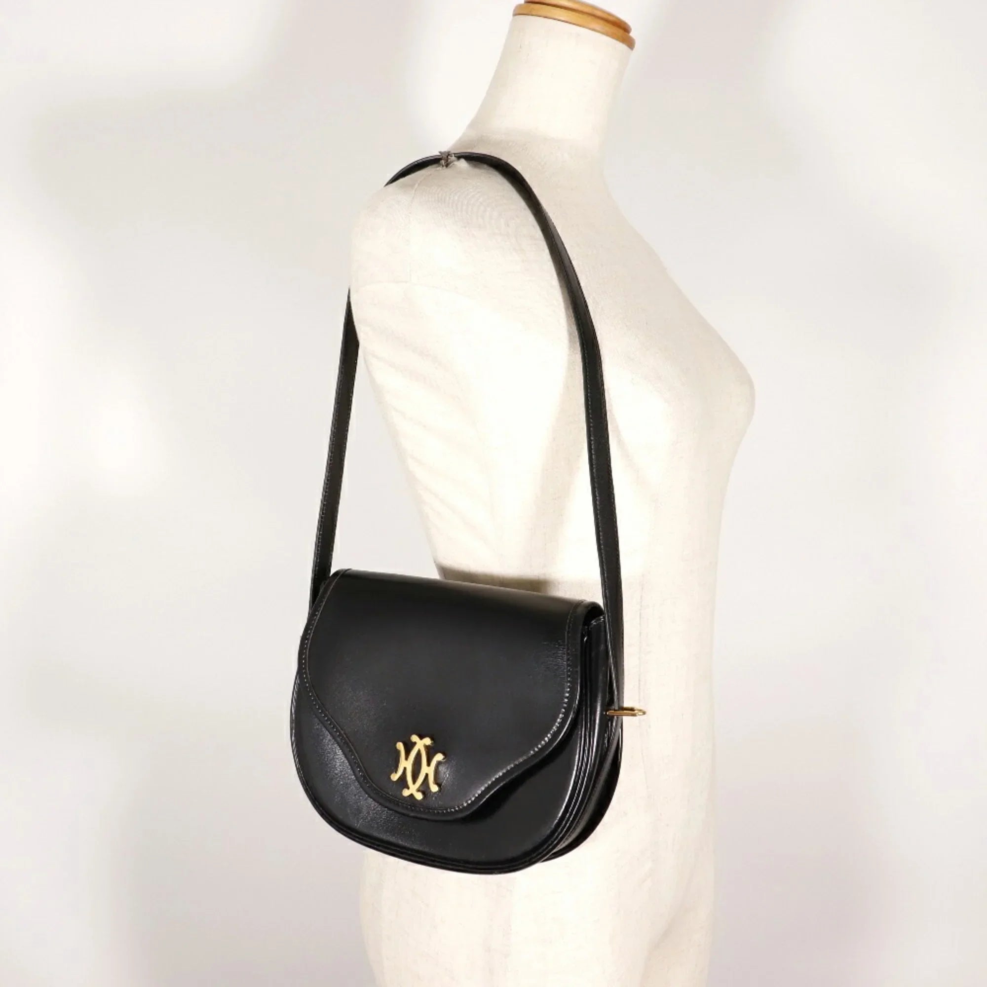 Pre-Owned Hermes HERMES Double H Shoulder Bag Vintage Calf Made in France 1983 Black/Gold Hardware 〇M Crossbody Snap Button Ladies (Fair)