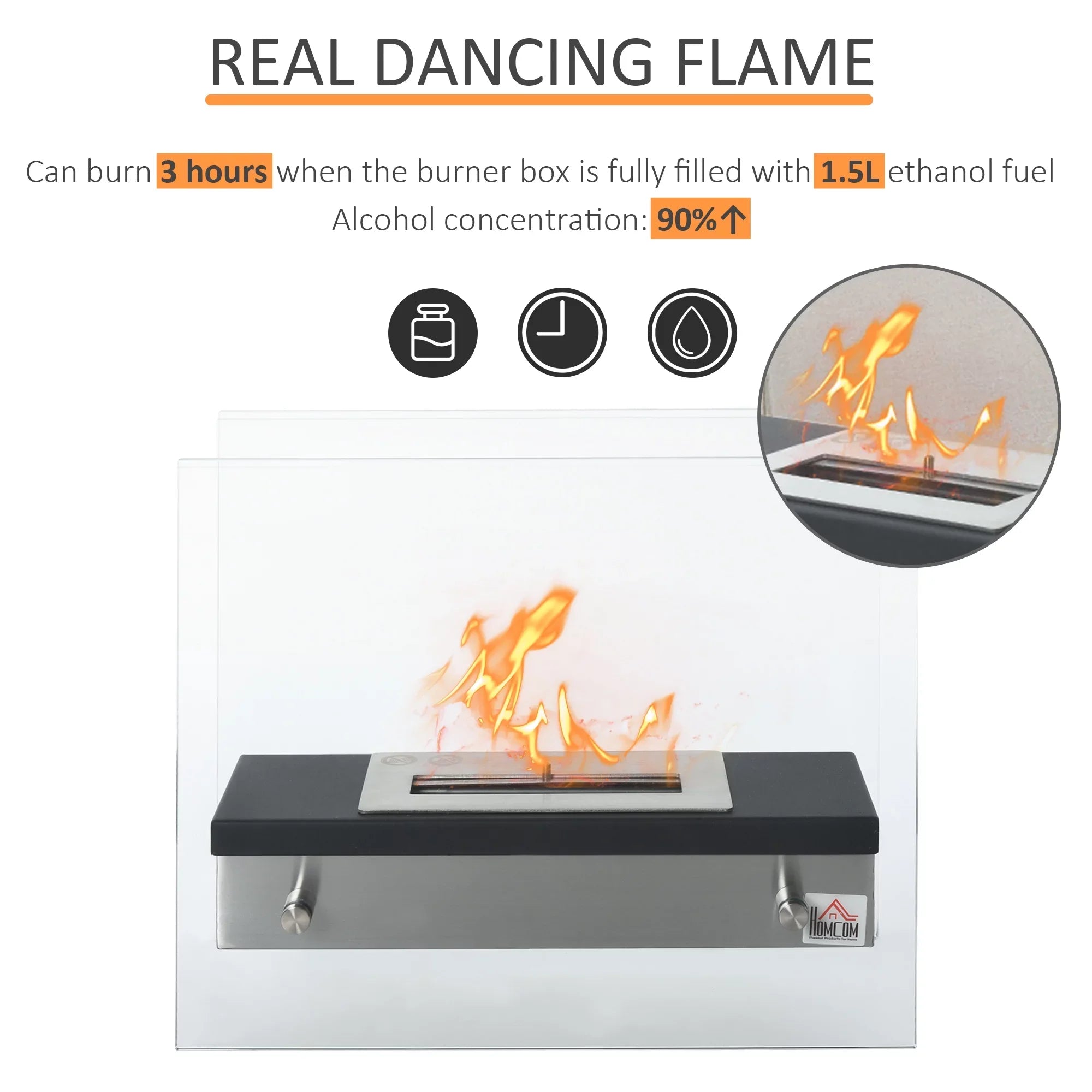 HOMCOM Ethanol Fireplace, 18.5" Tabletop 0.39 Gal Stainless Steel 269 Sq. Ft., Burns up to 3 Hours, Black