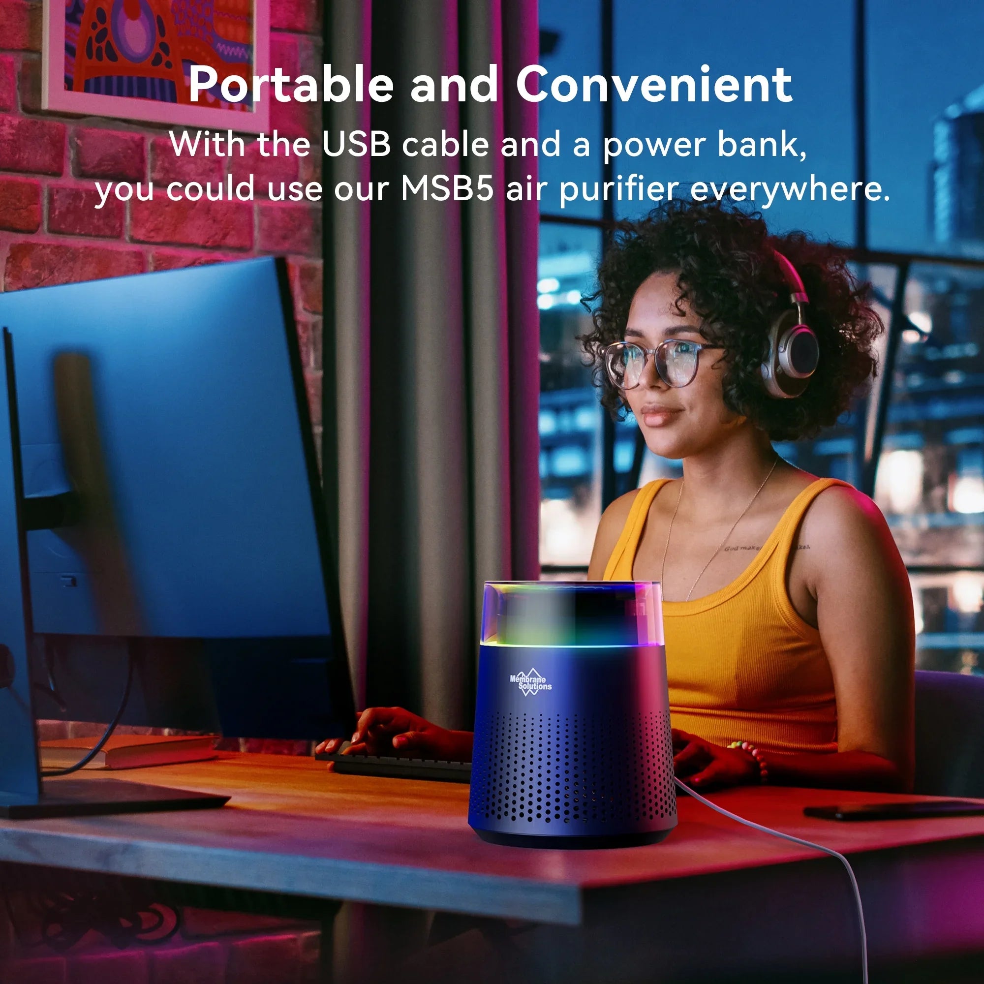 Membrane Solutions MSB5 Air Purifier for Allergies and Asthma, H13 True HEPA Filter, LED Light, Black
