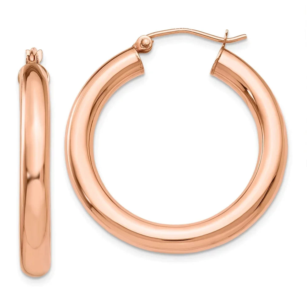Real 14kt Rose Gold Polished 4mm Tube Hoop Earrings; for Adults and Teens; for Women and Men