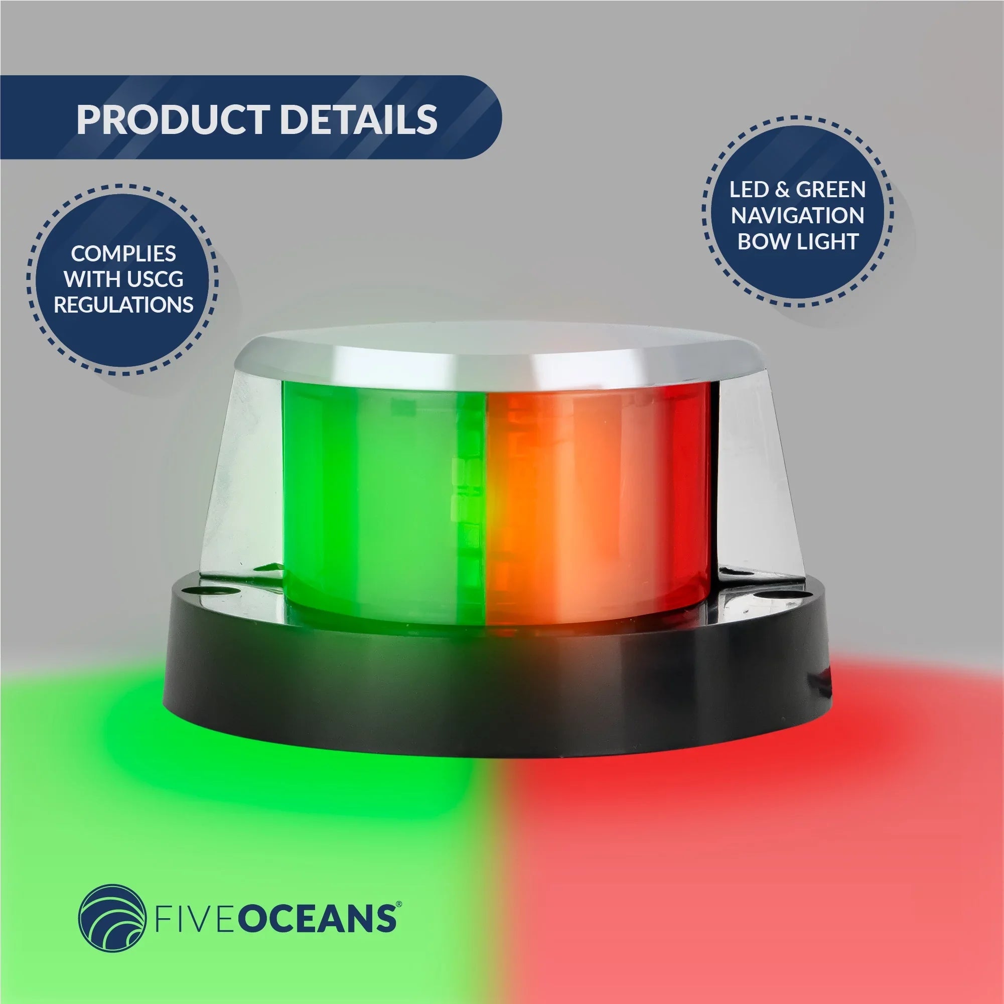 Five Oceans Craft Navigation Lights - LED Bow Light, Navigation Lights for Vessel LED Red and Green, Ship Lights Navigation Horizontal Mount Bi-Color Light, 12V, USCG Rules 2NM - FO4429