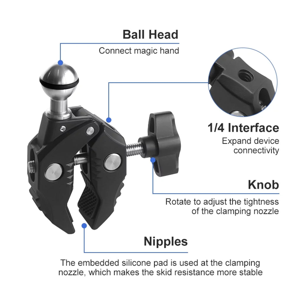 Aluminum Alloy Camera Mount Clamp - Bicycle Handlebar Adapter, 1.5kg Load Capacity, Dual Rotatable Ball Head, Adapter, Matching with AKASO, DJI, Hero 11/10/9/8/7, Insta360