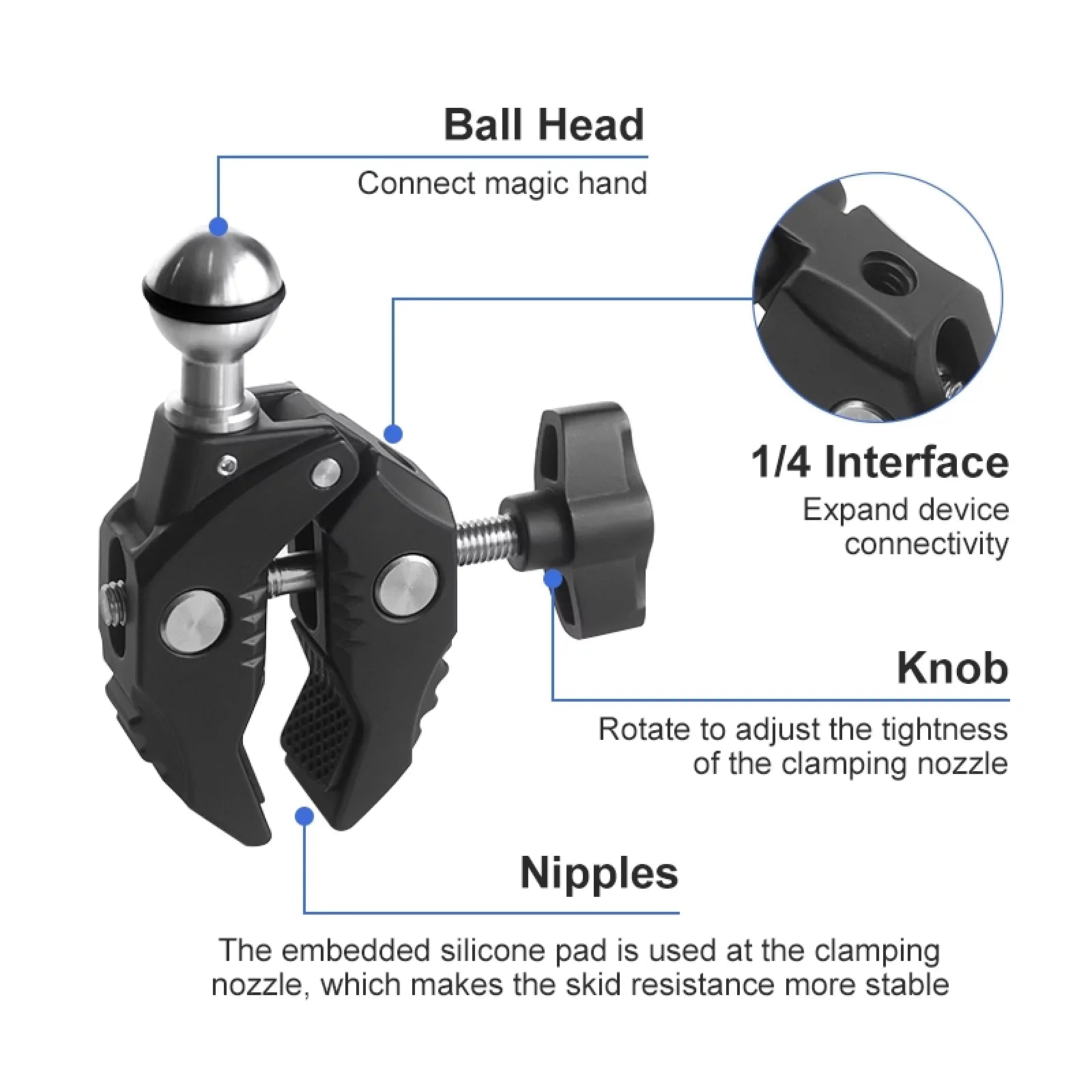 Aluminum Alloy Camera Mount Clamp - Bicycle Handlebar Adapter, 1.5kg Load Capacity, Dual Rotatable Ball Head, Adapter, Matching with AKASO, DJI, Hero 11/10/9/8/7, Insta360