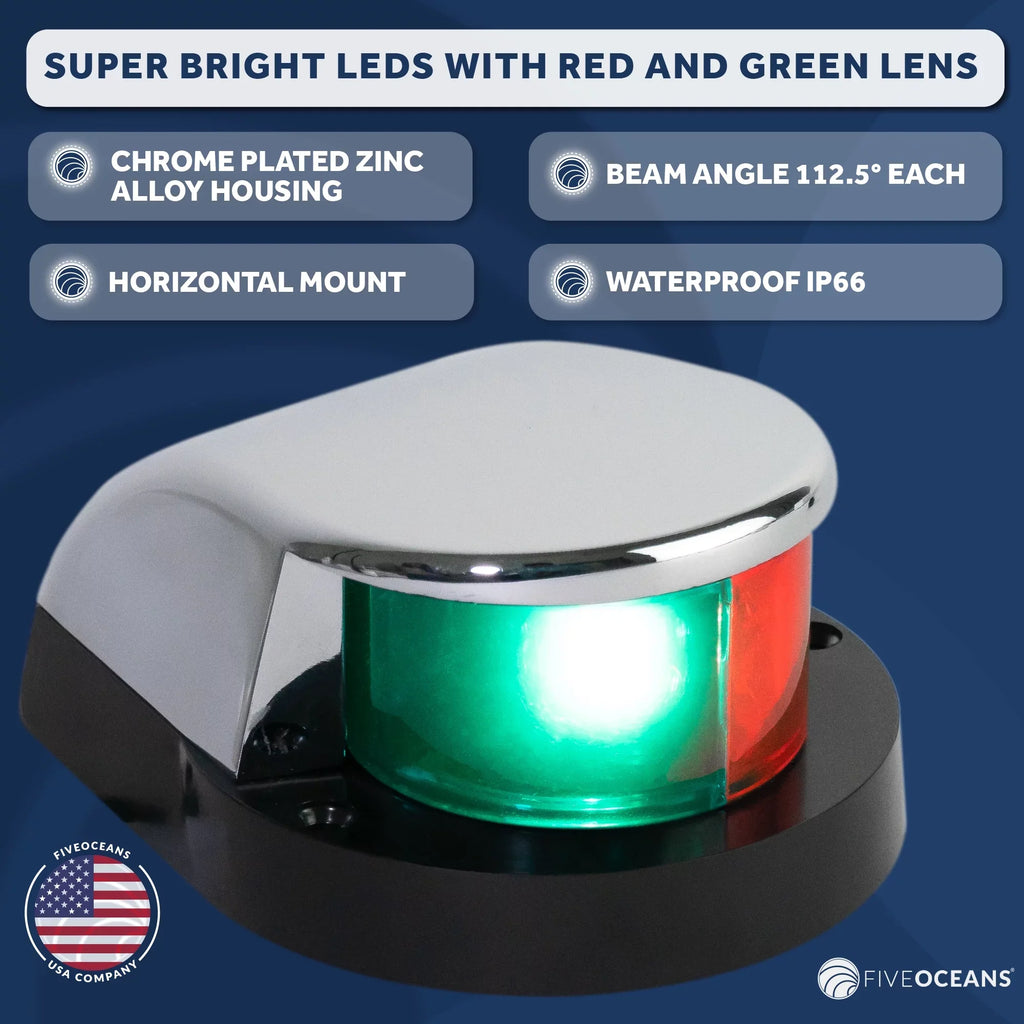 Five Oceans Craft Navigation Lights - LED Bow Light, Navigation Lights for Vessel LED Red and Green, Ship Lights Navigation Horizontal Mount Bi-Color Light, 12V, USCG Rules 2NM - FO4429