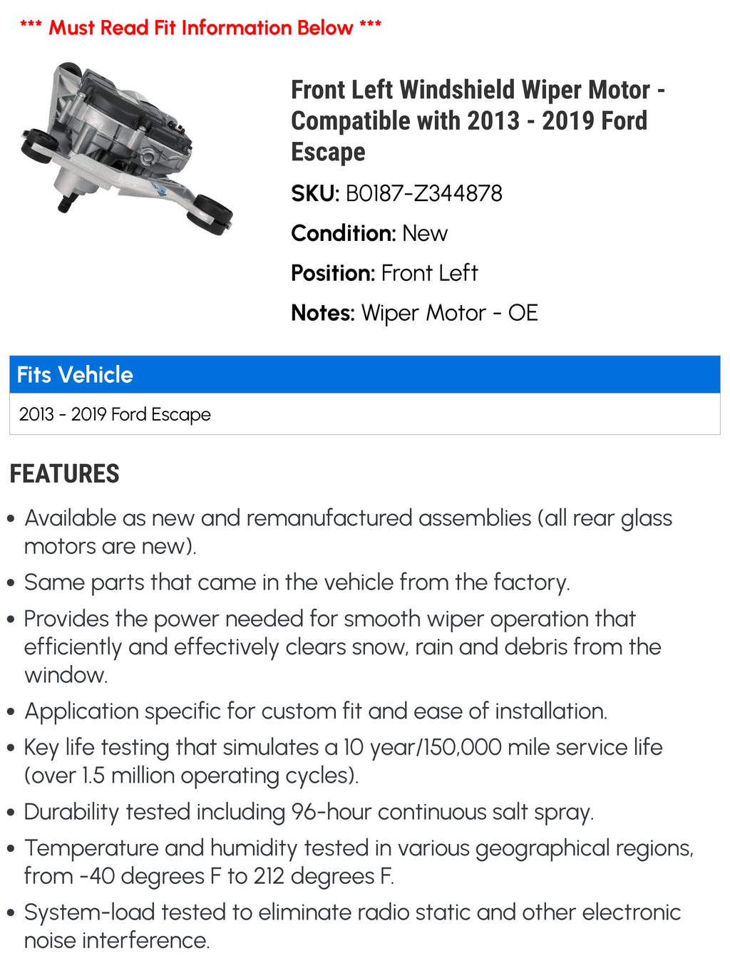 Front Left Windshield Wiper Motor - Matching with 2013 - 2019 Ford Escape 2014 2015 2016 2017 2018