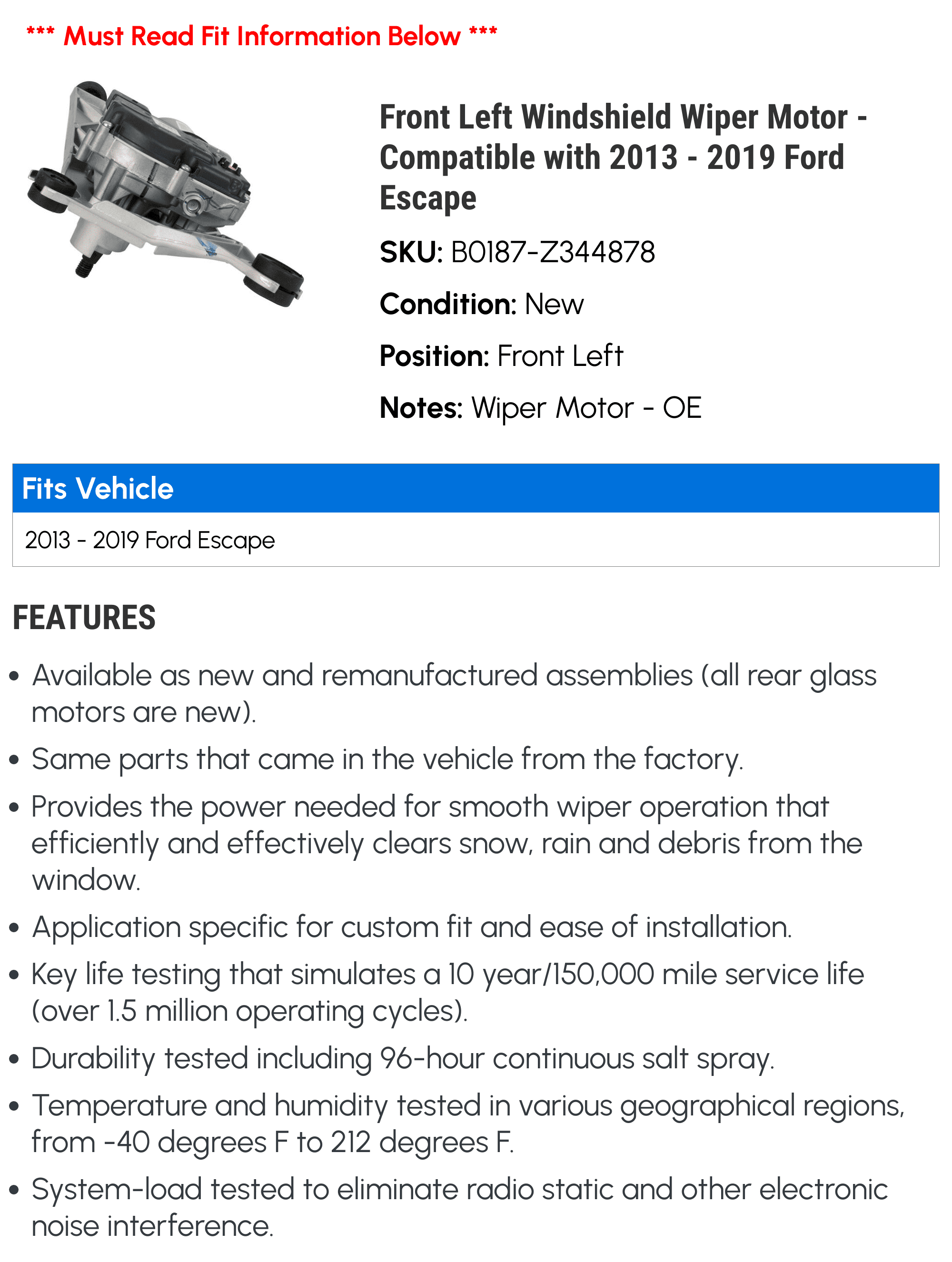 Front Left Windshield Wiper Motor - Matching with 2013 - 2019 Ford Escape 2014 2015 2016 2017 2018