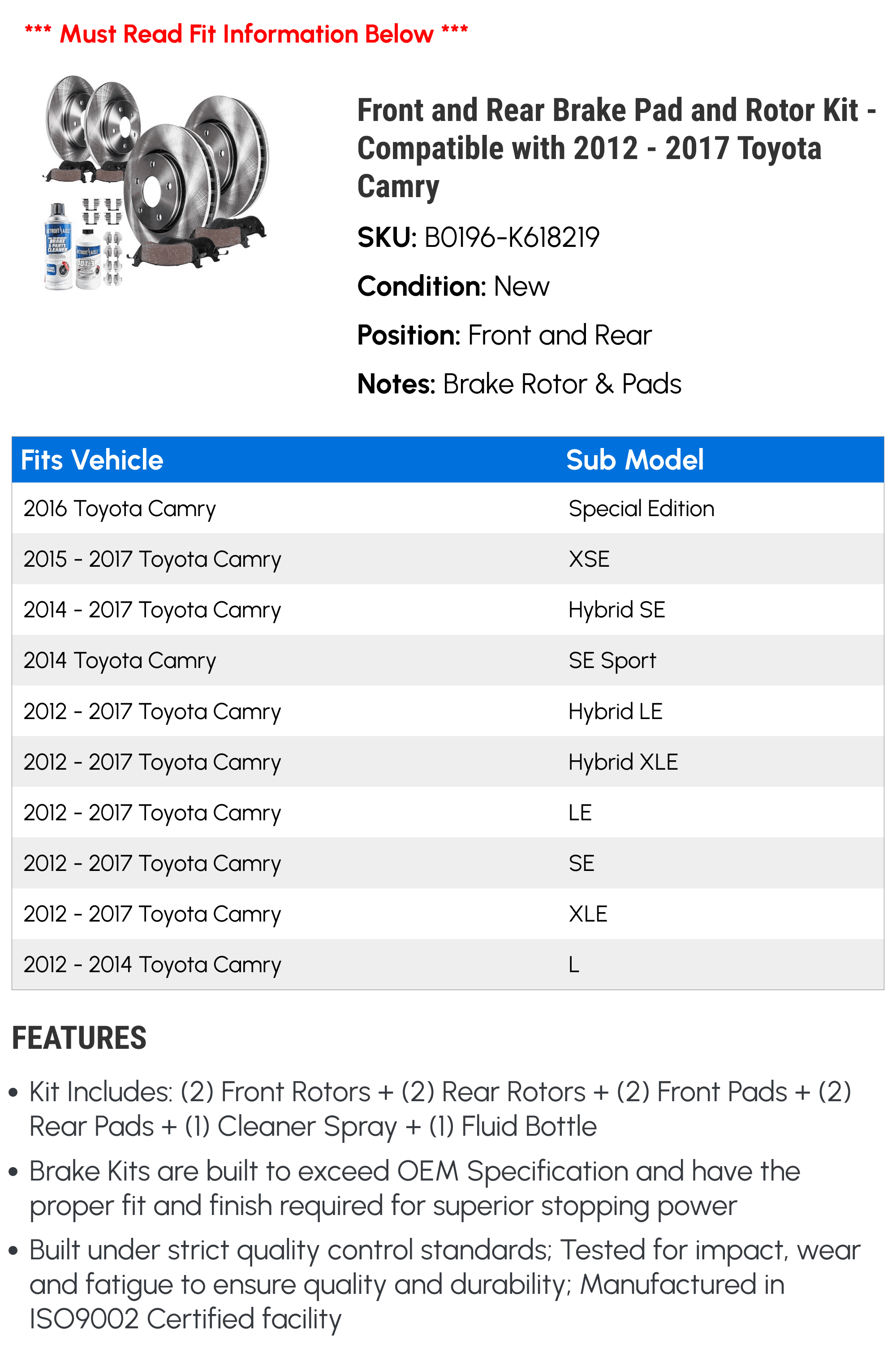 Front and Rear Brake Pad and Rotor Kit - Fitting with 2012 - 2017 Toyota Camry 2013 2014 2015 2016