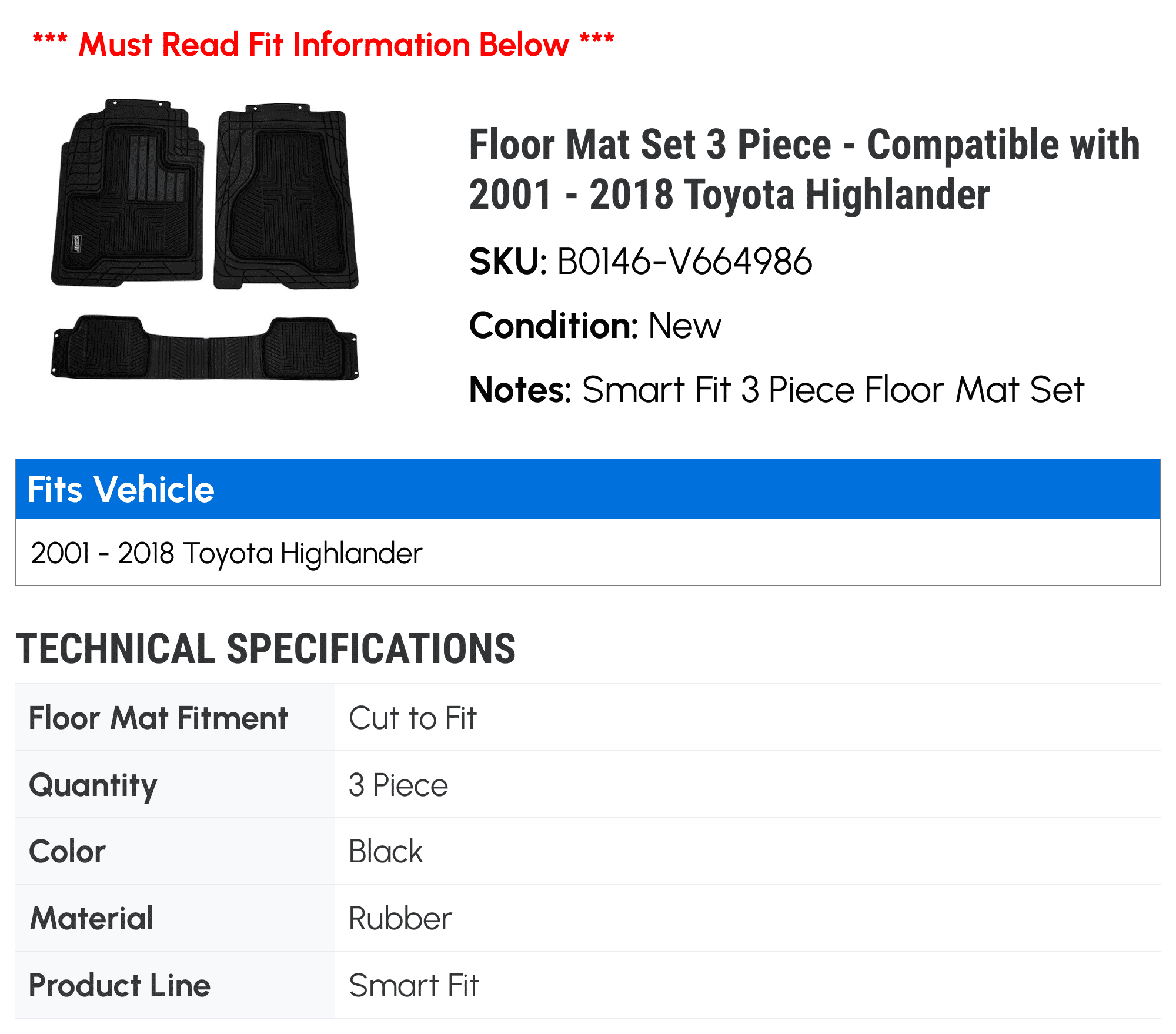 Floor Mat Set 3 Piece - Suitable with 2001 - 2018 Toyota Highlander 2002 2003 2004 2005 2006 2007 2008 2009 2010 2011 2012 2013 2014 2015 2016 2017
