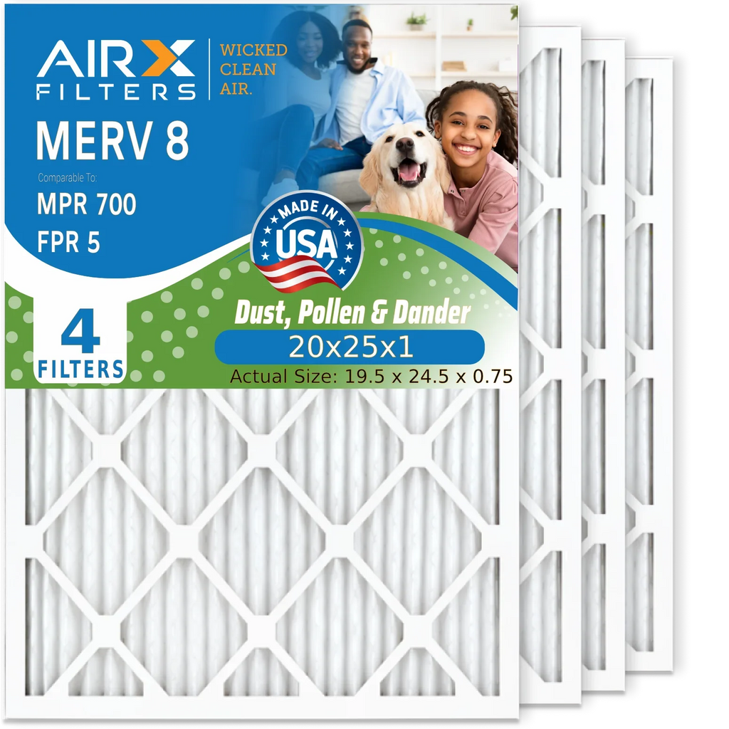 20x25x1 Air Filter MERV 8 Comparable to MPR 700 & FPR 5 Electrostatic Pleated Air Conditioner Filter 4 Pack HVAC AC Premium USA Made 20x25x1 Furnace Filters by AIRX FILTERS WICKED CLEAN AIR.