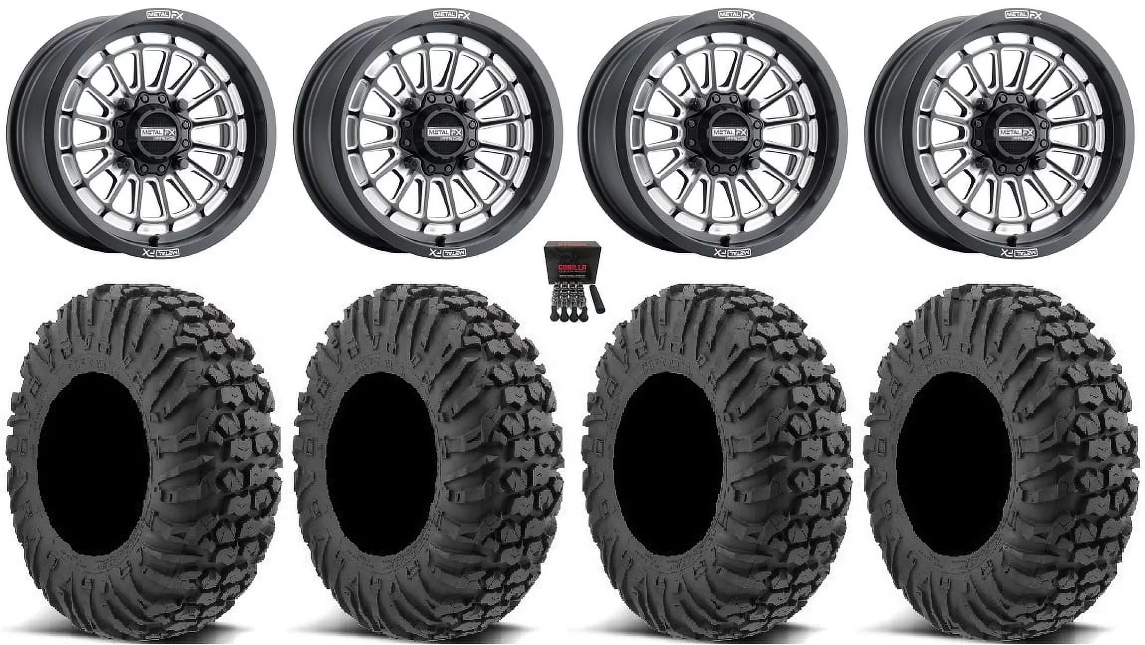 MetalFX Delta Contrast Cut 15" Wheels Bk 34" MotoVator Tires Can-Am Maverick X3 / Honda Pioneer 1000 / Talon