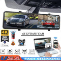 4K Car Mirror Dash Cam 12" Dual Camera Front and Rear Backup Camera Super Night Vision, Parking Monitoring, Reversing Assistance