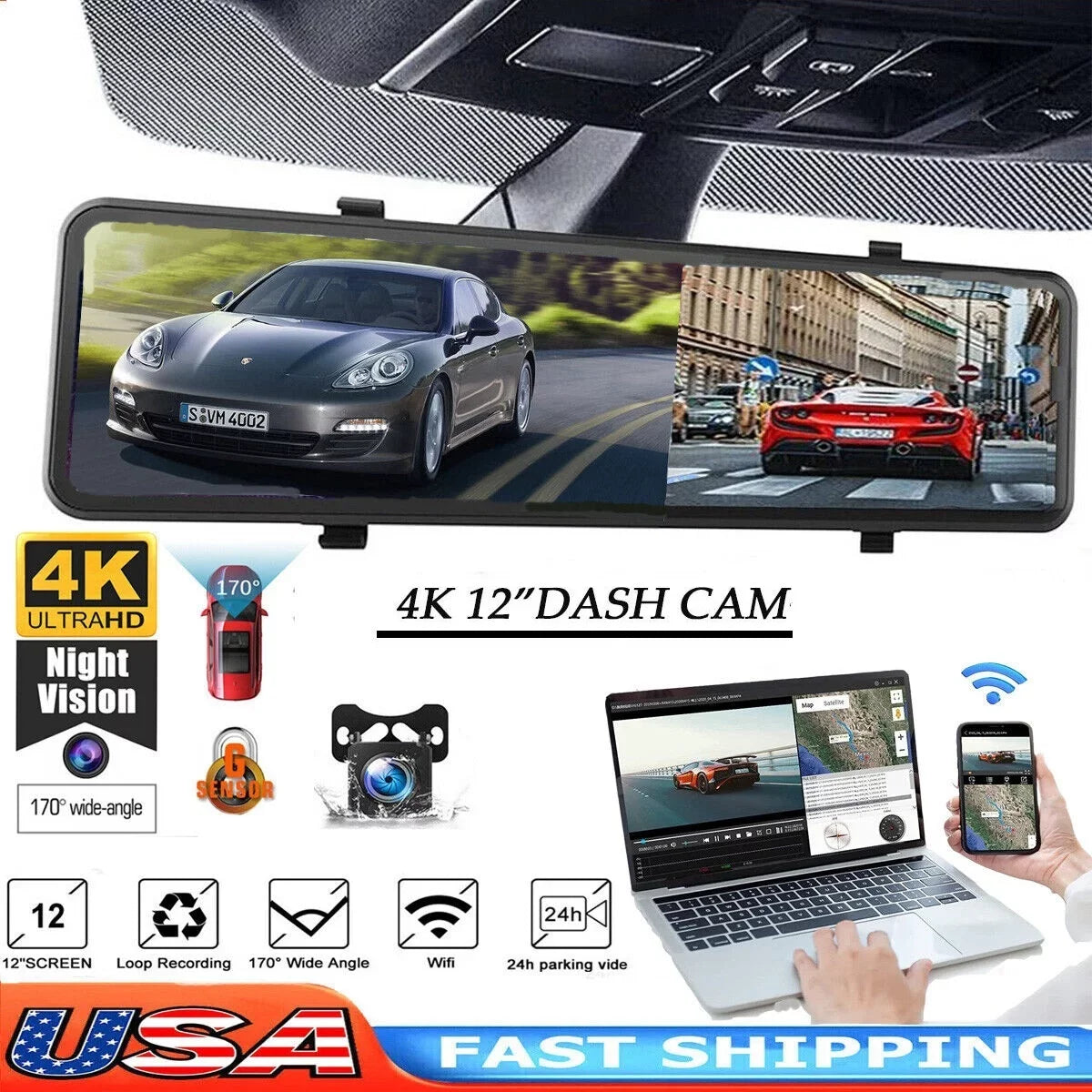 4K Car Mirror Dash Cam 12" Dual Camera Front and Rear Backup Camera Super Night Vision, Parking Monitoring, Reversing Assistance
