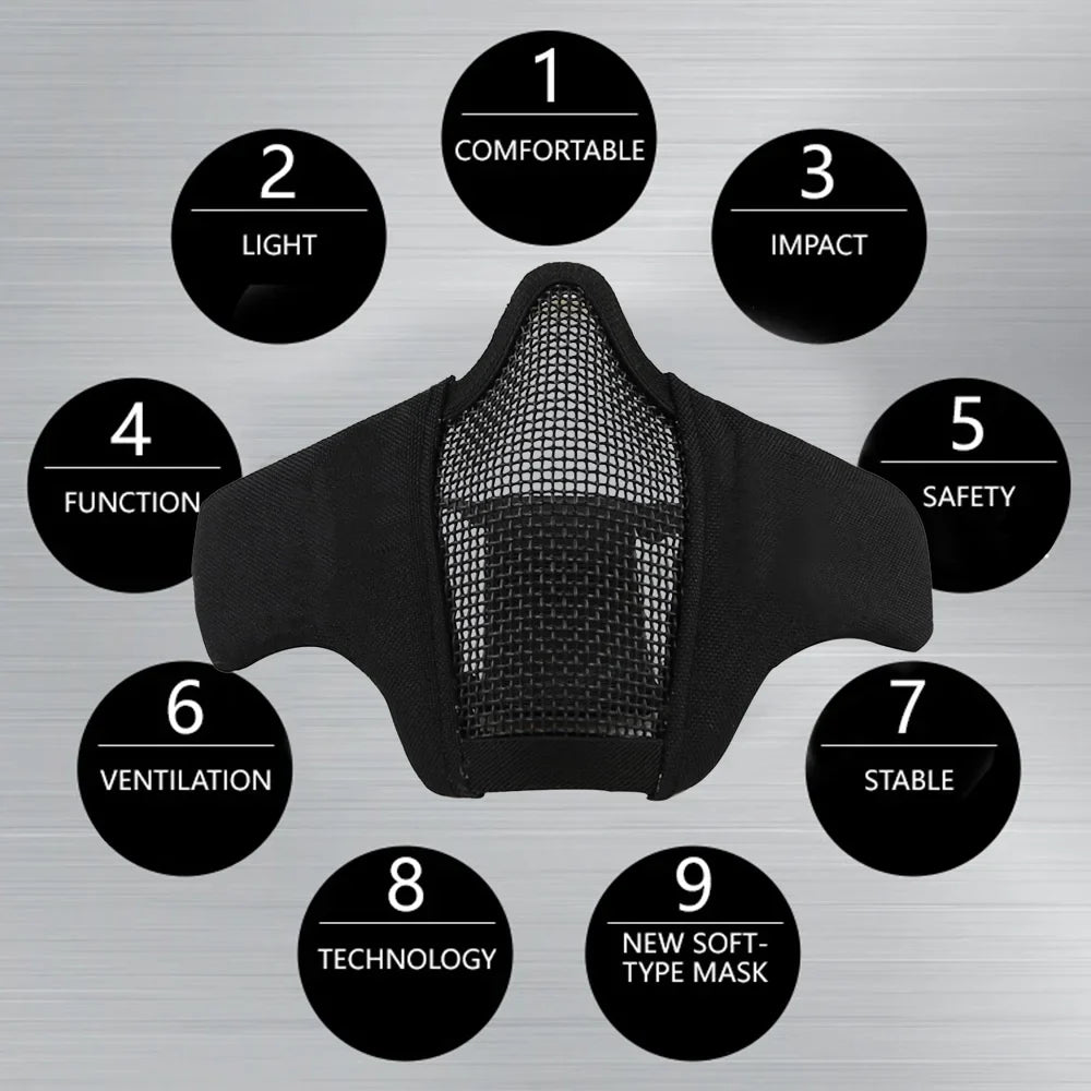 Wosport Paintball Foldable Half Face Lower Unisex Mask Comfortable Adjustable Protective Prop Black