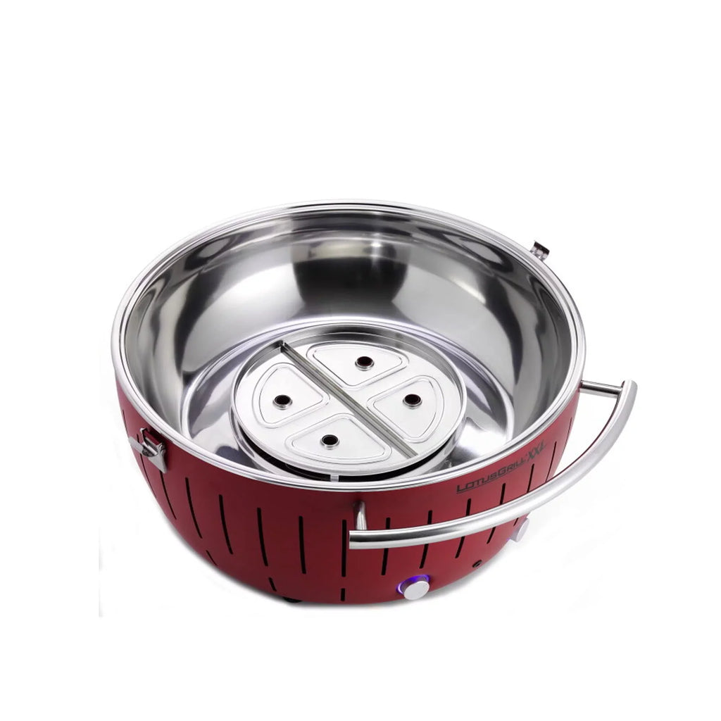LotusGrill Smokeless Barbecue for Outdoor Dining with Glass Lid Wrap and Stand - Red