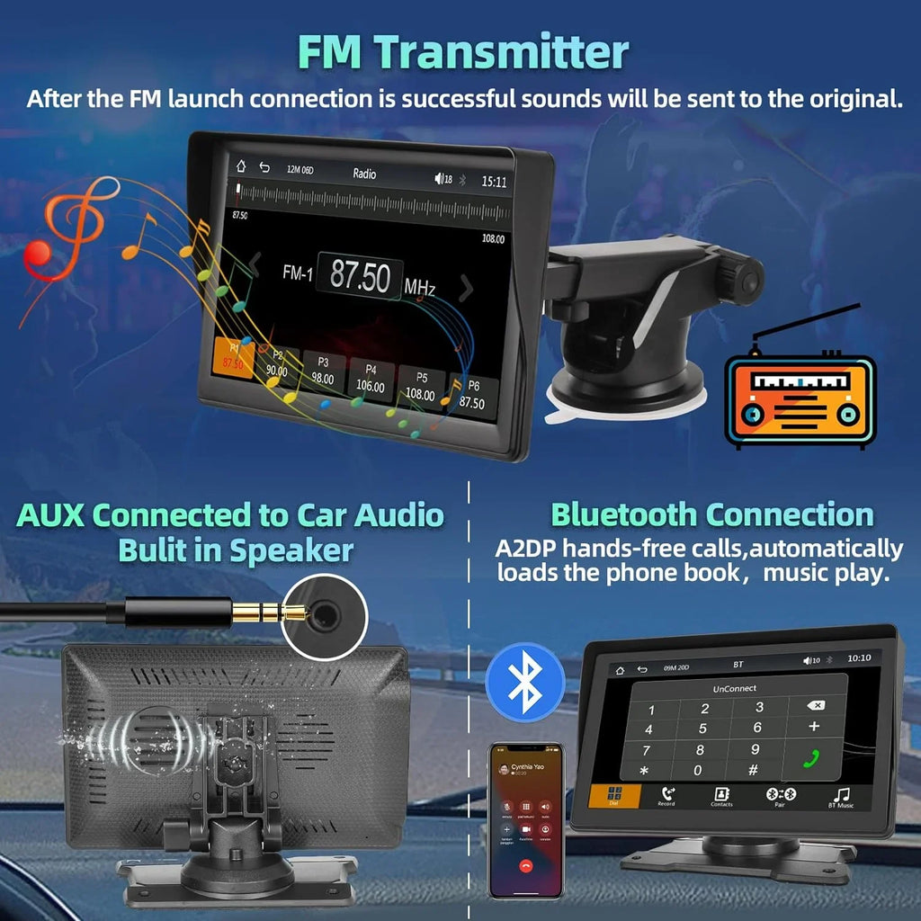 Podofo 12-30V 7" Portable Touch Screen Car Stereo Radio Wireless Carplay Android Auto Mirror Link FM Bluetooth TF/USB for Car Suv Van Pickup, with Backup Camera