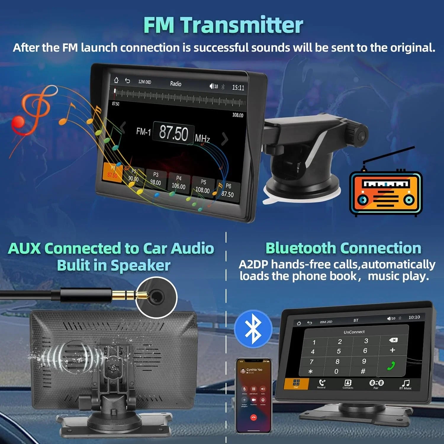 Podofo 12-30V 7" Portable Touch Screen Car Stereo Radio Wireless Carplay Android Auto Mirror Link FM Bluetooth TF/USB for Car Suv Van Pickup, with Backup Camera