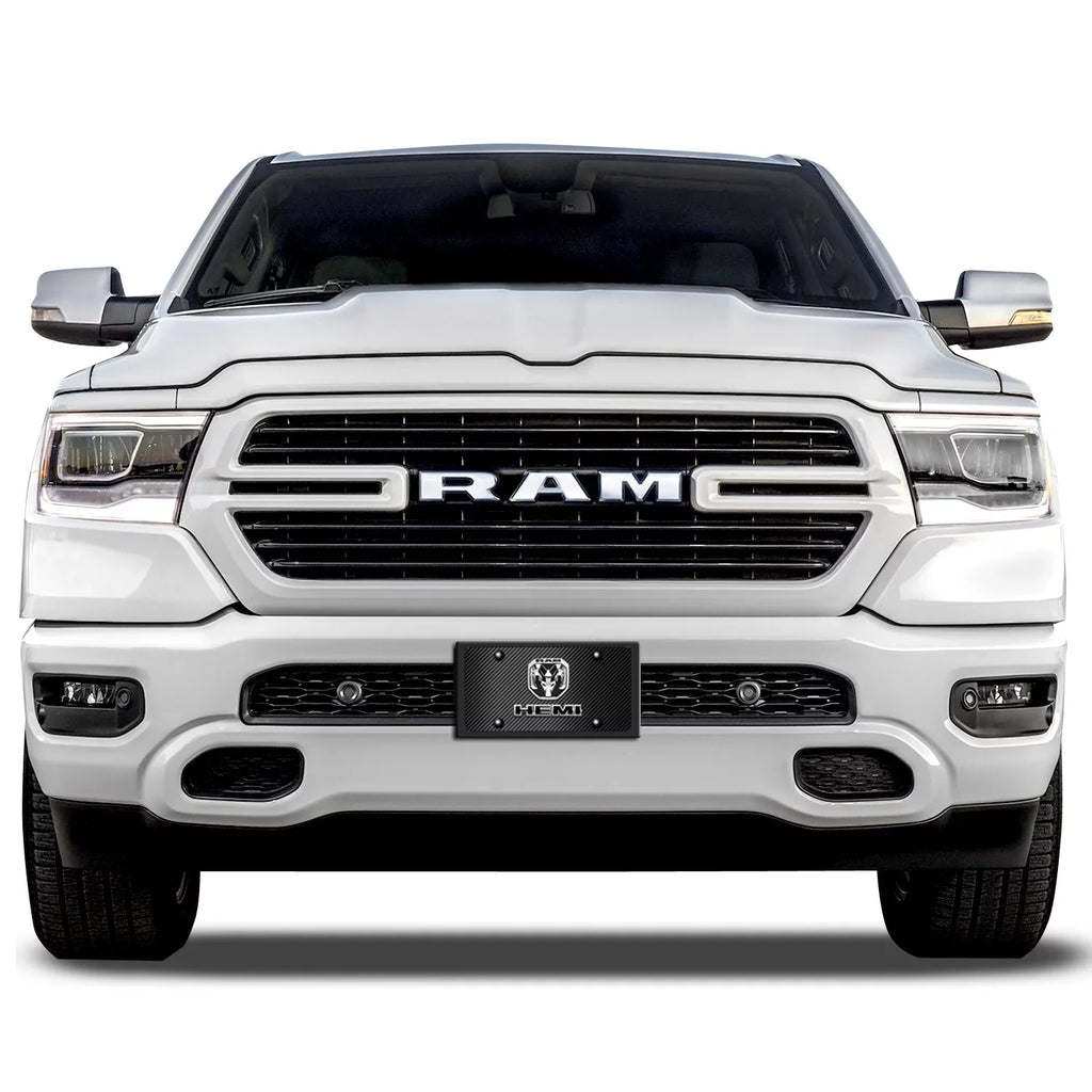 RAM 2019 up HEMI 3D Dual Logo Black Carbon Fiber Patten Steel License Plate