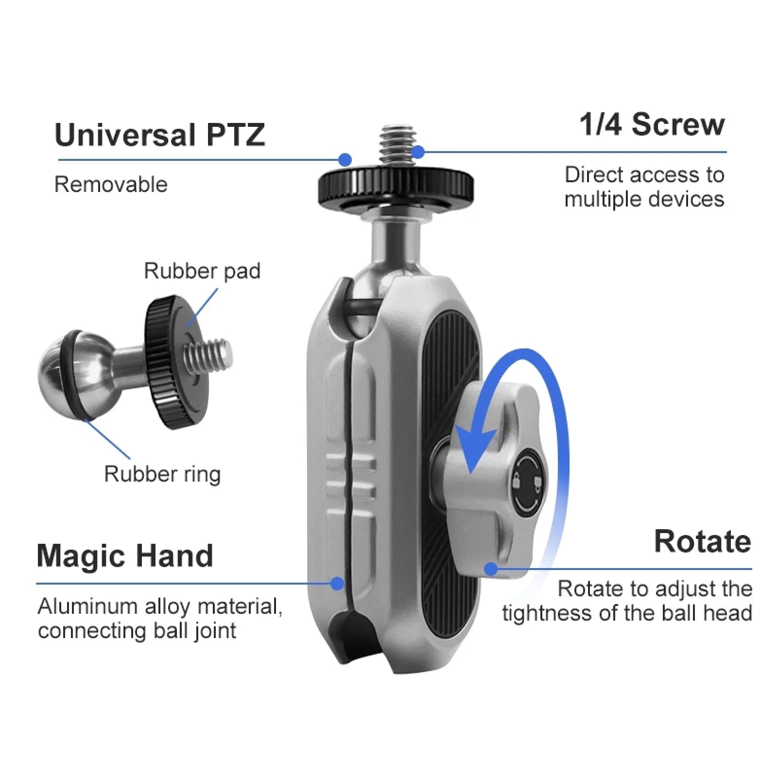 Aluminum Alloy Camera Mount Clamp - Bicycle Handlebar Adapter, 1.5kg Load Capacity, Dual Rotatable Ball Head, Adapter, Matching with AKASO, DJI, Hero 11/10/9/8/7, Insta360