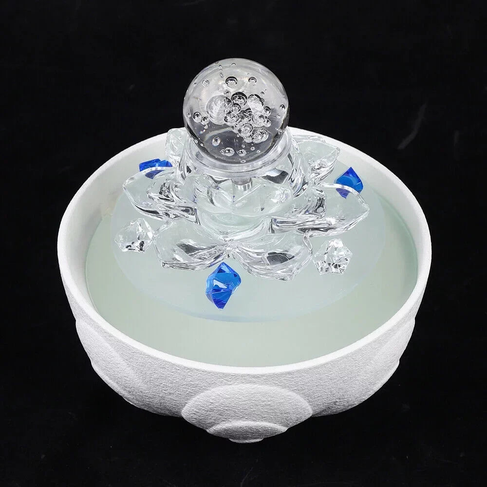 Desktop Water Fountain, Teahouse Desktop White Crystal Lotus Fountain Ornament Flowing Water Decor Office Waterfall Tabletop Fountain