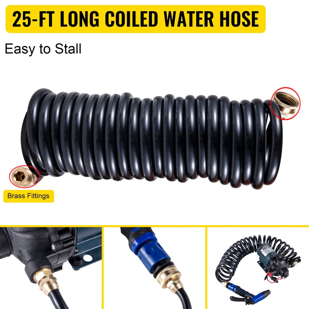 BENTISM RV Water Pump 5.3 GPM 5.5 Gallons Per Minute 12V Water Pump Automatic 70 PSI Diaphragm Pump with 25 Foot Coiled Hose Washdown Pumps for Vessel Caravan Rv Marine Yacht