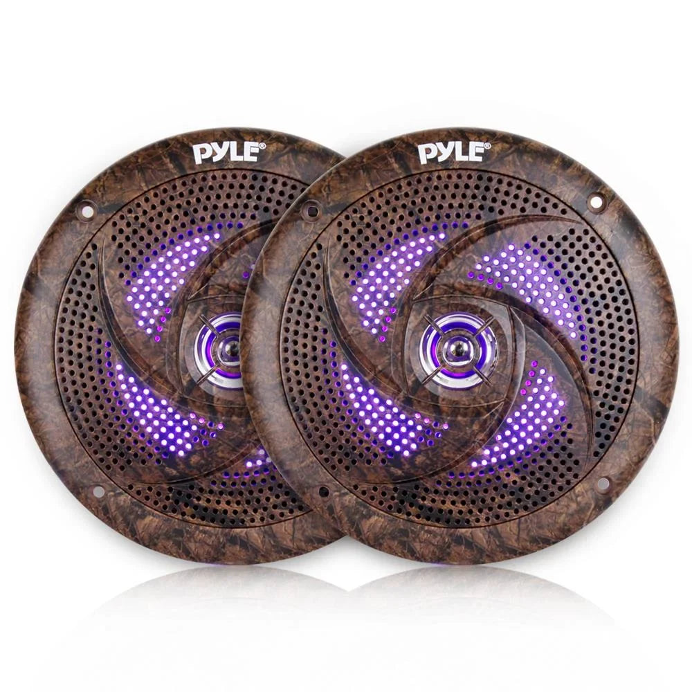 Pyle Marine DIN Bluetooth MP3 USB AUX Camo AM/FM Radio, 6x 6.5" Waterproof Camouflage LED Speakers, Elite Series 4-Channel Amplifier, Stereo Protection Enrock Antenna, 18-G 50 Ft Wire, Amp Install Kit
