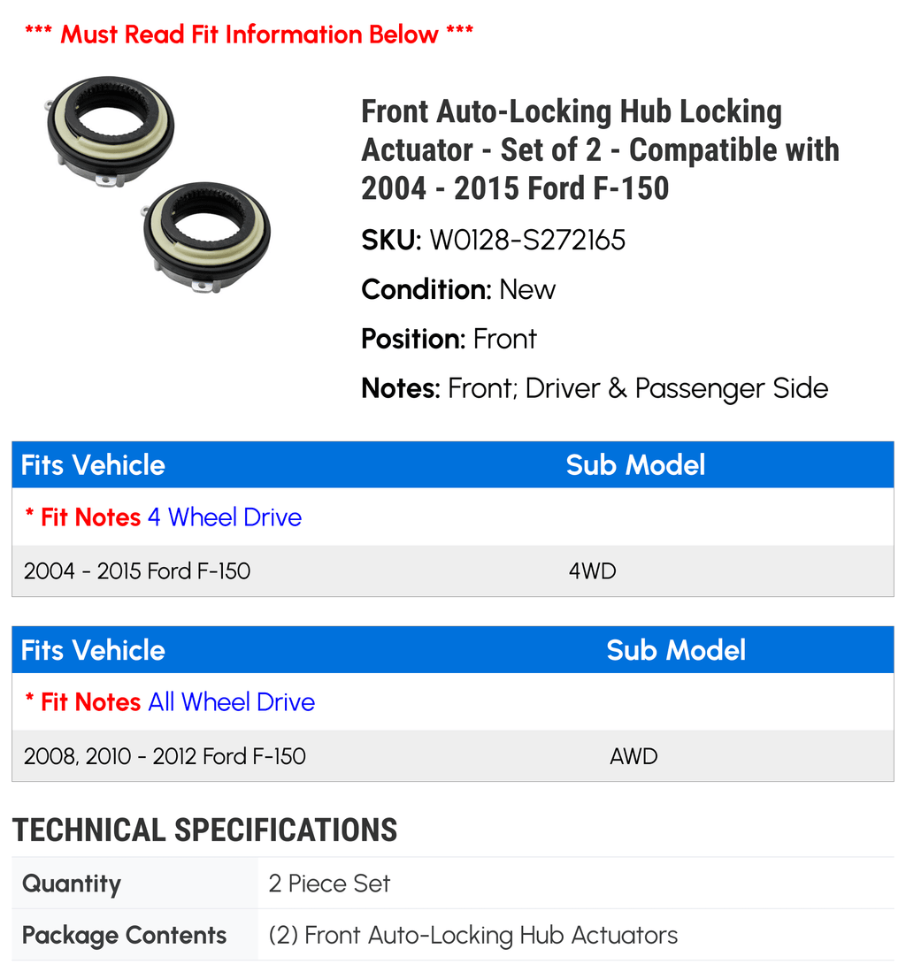 Front Auto-Locking Hub Locking Actuator - Set of 2 - Suitable with 2004 - 2015 Ford F-150 4WD, AWD 2005 2006 2007 2008 2009 2010 2011 2012 2013 2014