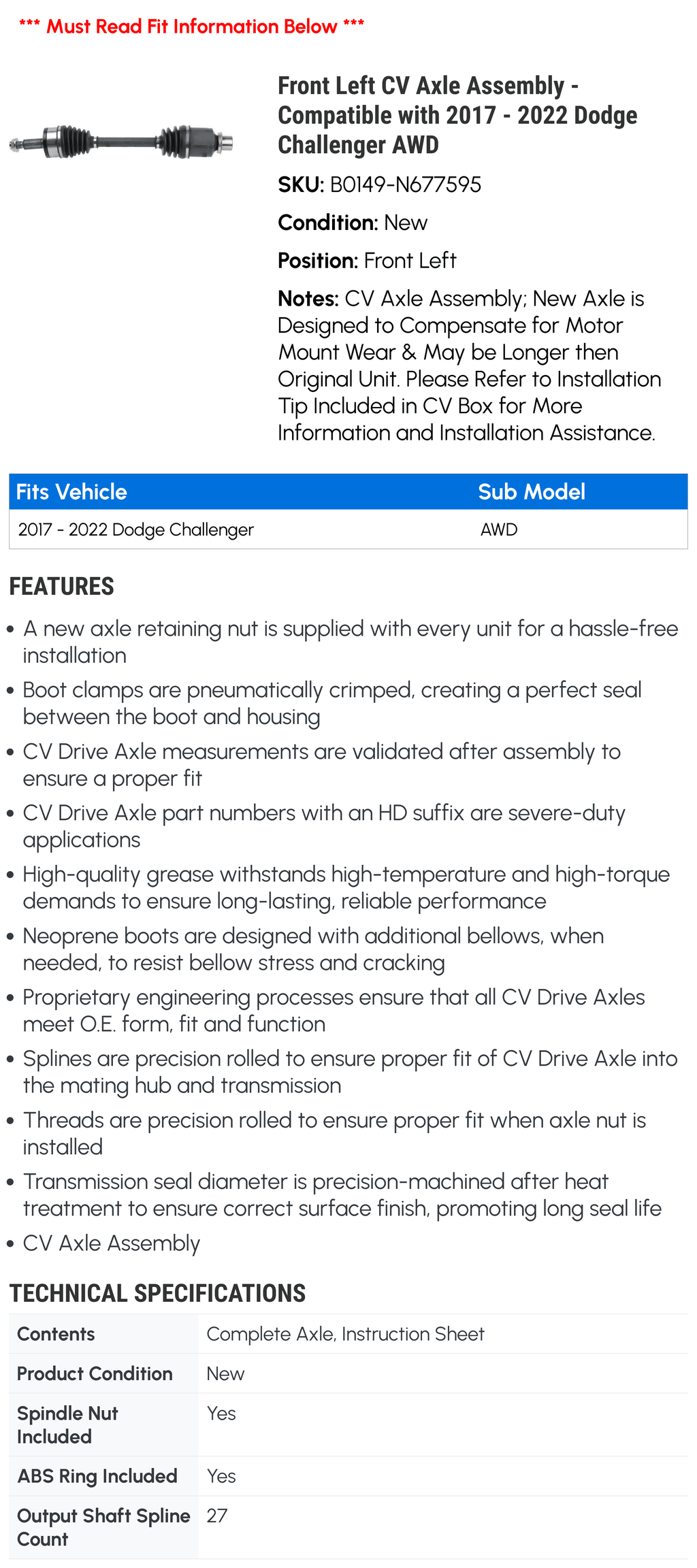Front Left CV Axle Assembly - Fitting with 2017 - 2022 Dodge Challenger AWD 2018 2019 2020 2021