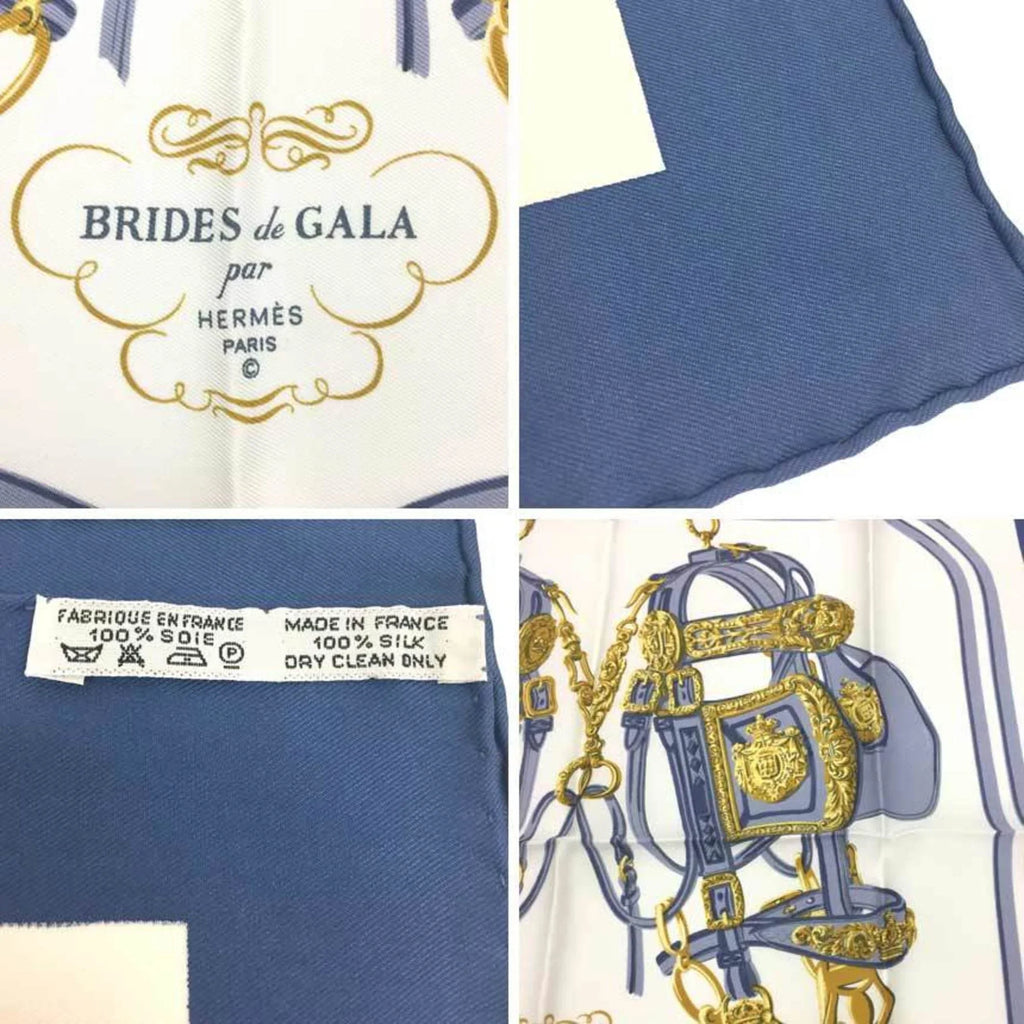 Pre-Owned HERMES Hermes Carre 45 Scarf Muffler BRIDES de GALA (ceremonial bridle) White x Blue 100% Silk (Like New)