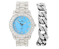 Mens Silver Big Rocks with Roman Numerals Fully Iced Out Colorful Dial Watch w/Bling'ed Out Cuban Shiny Silver Bracelet - ST10327 RN Cuban (Silver Baby Blue)