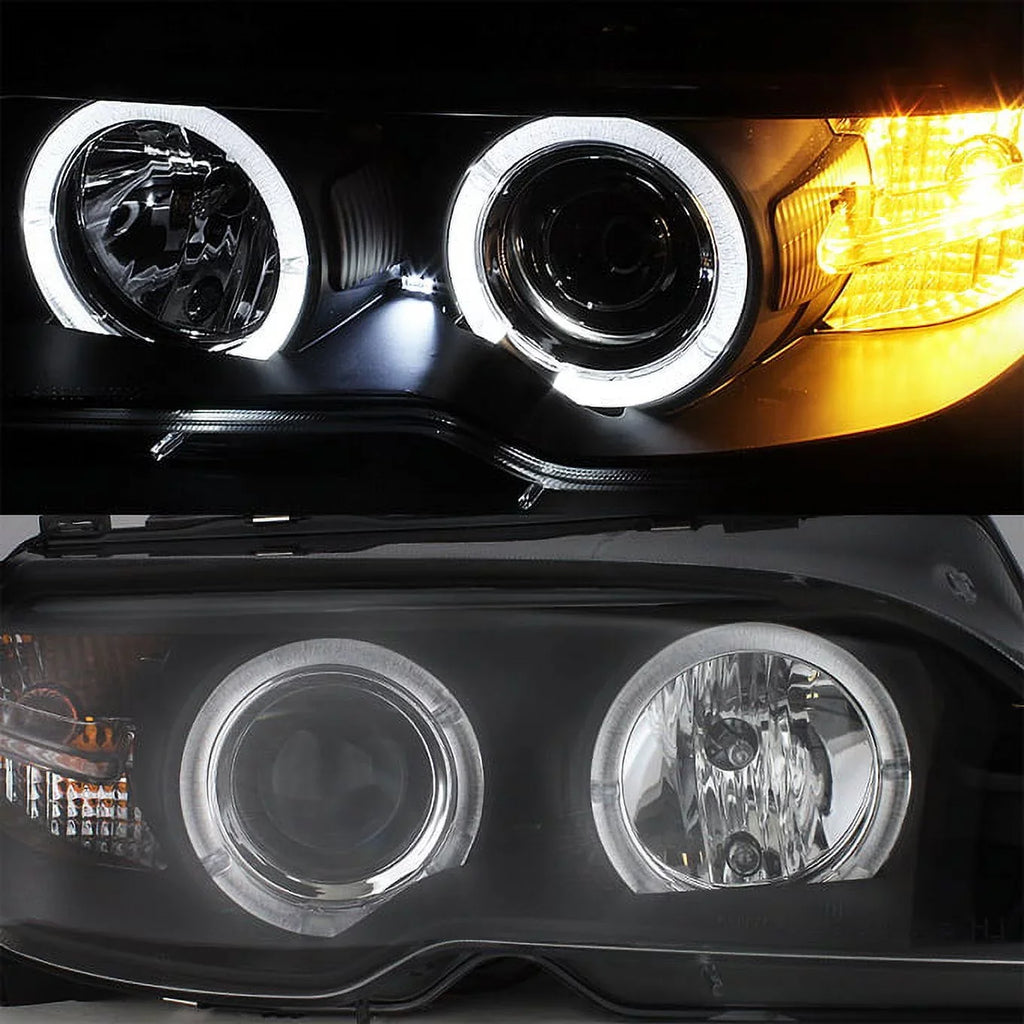 AKKON - For BMW E46 3-Series 2 Doors Coupe Black Halo Ring LED Projector Replacement Headlights LH + RH Lamps