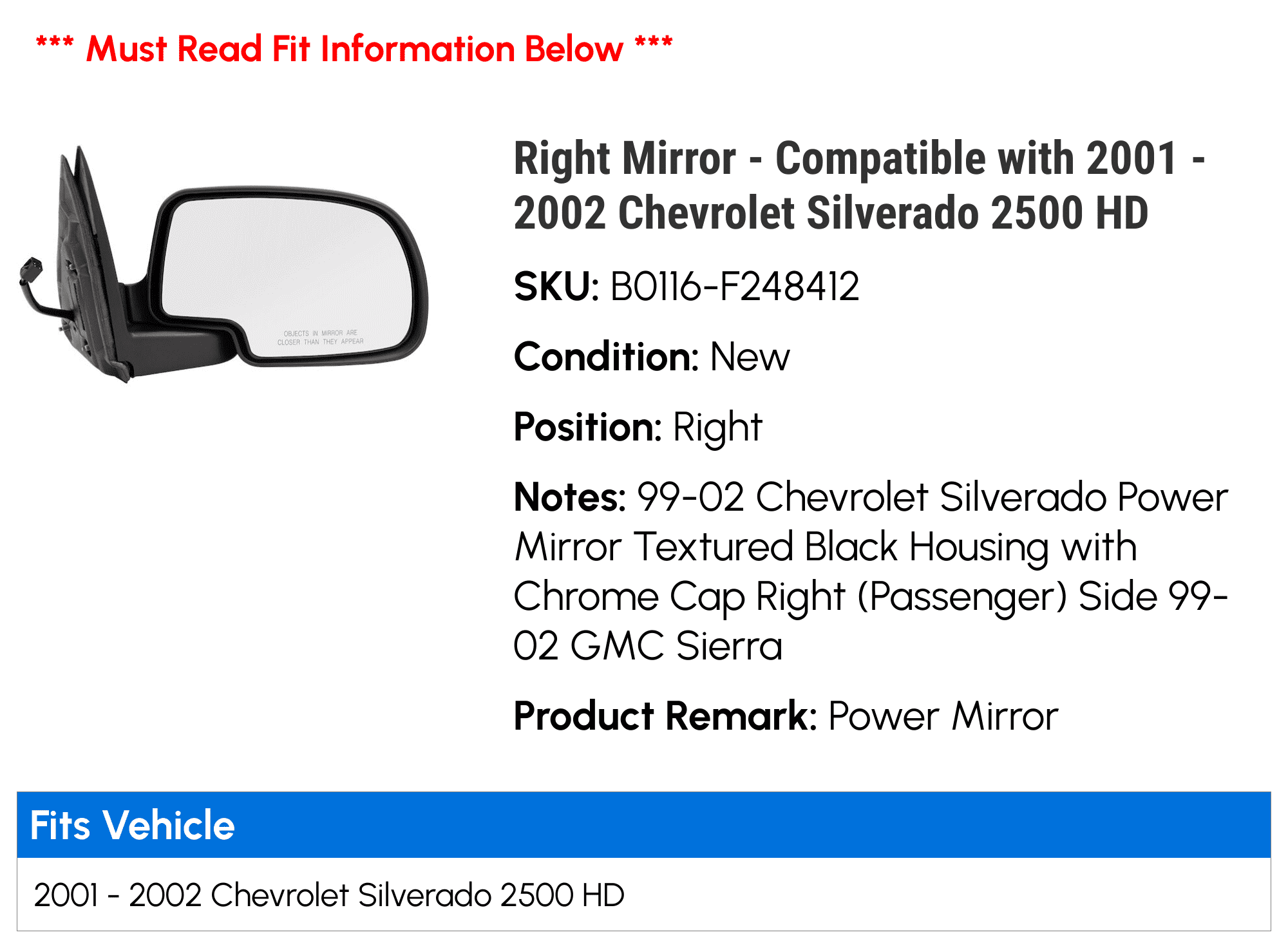 Right Mirror - Matching with 2001 - 2002 Chevy Silverado 2500 HD