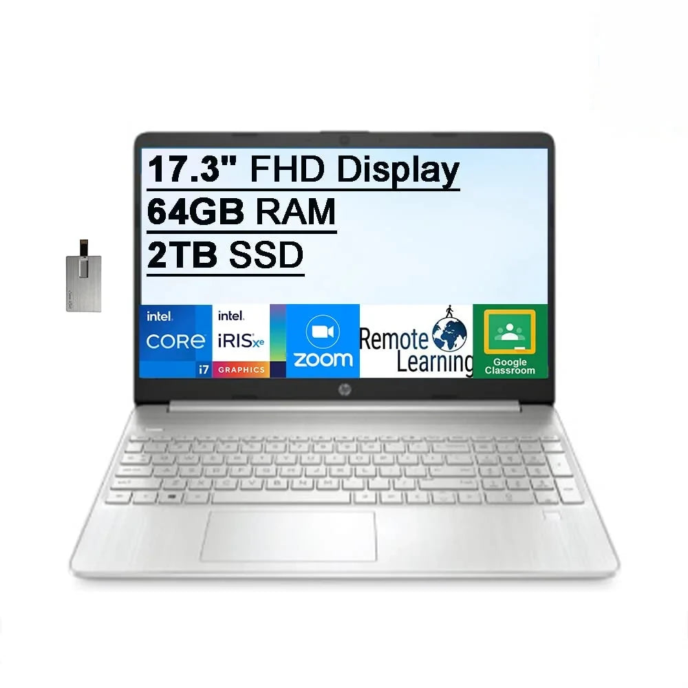 HP 2021 17.3" FHD IPS Laptop Computer, 11th Generation Intel Core i7-1165G7, 64GB RAM, 2TB PCIe SSD, Backlit Keyboard, Intel Iris Xe Graphics, HD Webcam, HD Audio, Windows OS, Silver, 32GB USB Card