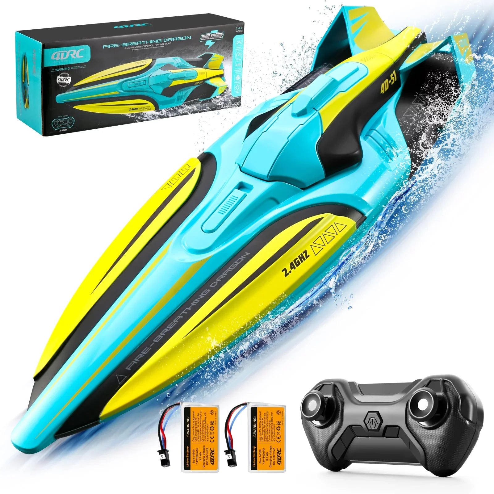 4DRC S1 RC Vessel - Remote Control Ship for Pools and Lakes, 4 Channel 2.4GHZ Remote Control, and Rechargeable Vessel Battery，Yellow