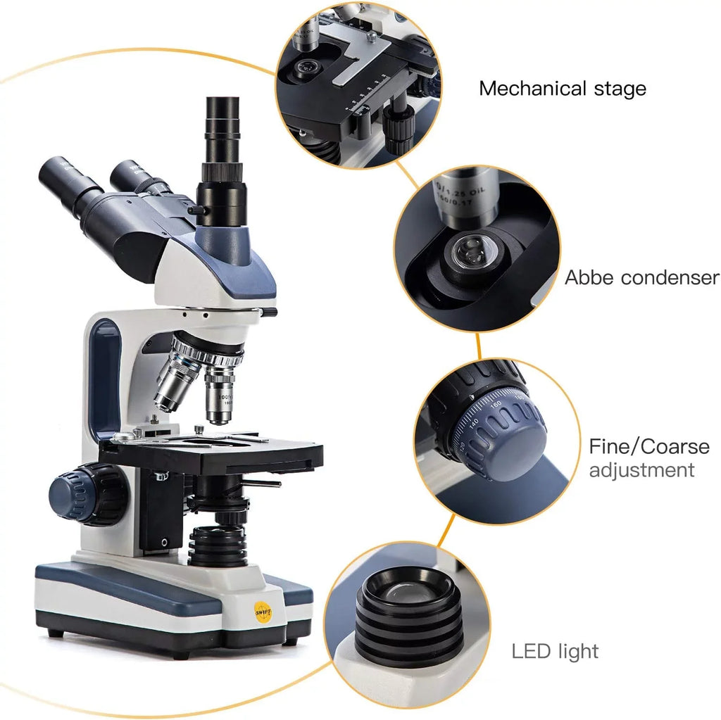 SWIFT Trinocular Compound Microscope SW350T, Magnification,Siedentopf Head,Research-Grade,Two-Layer Mechanical Stage,1.3mp Camera and Software Windows and Mac Matching