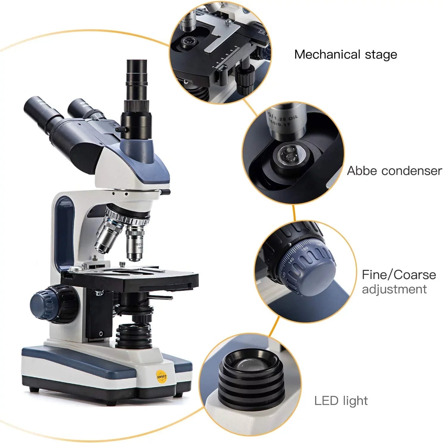 SWIFT Trinocular Compound Microscope SW350T, Magnification,Siedentopf Head,Research-Grade,Two-Layer Mechanical Stage,1.3mp Camera and Software Windows and Mac Matching
